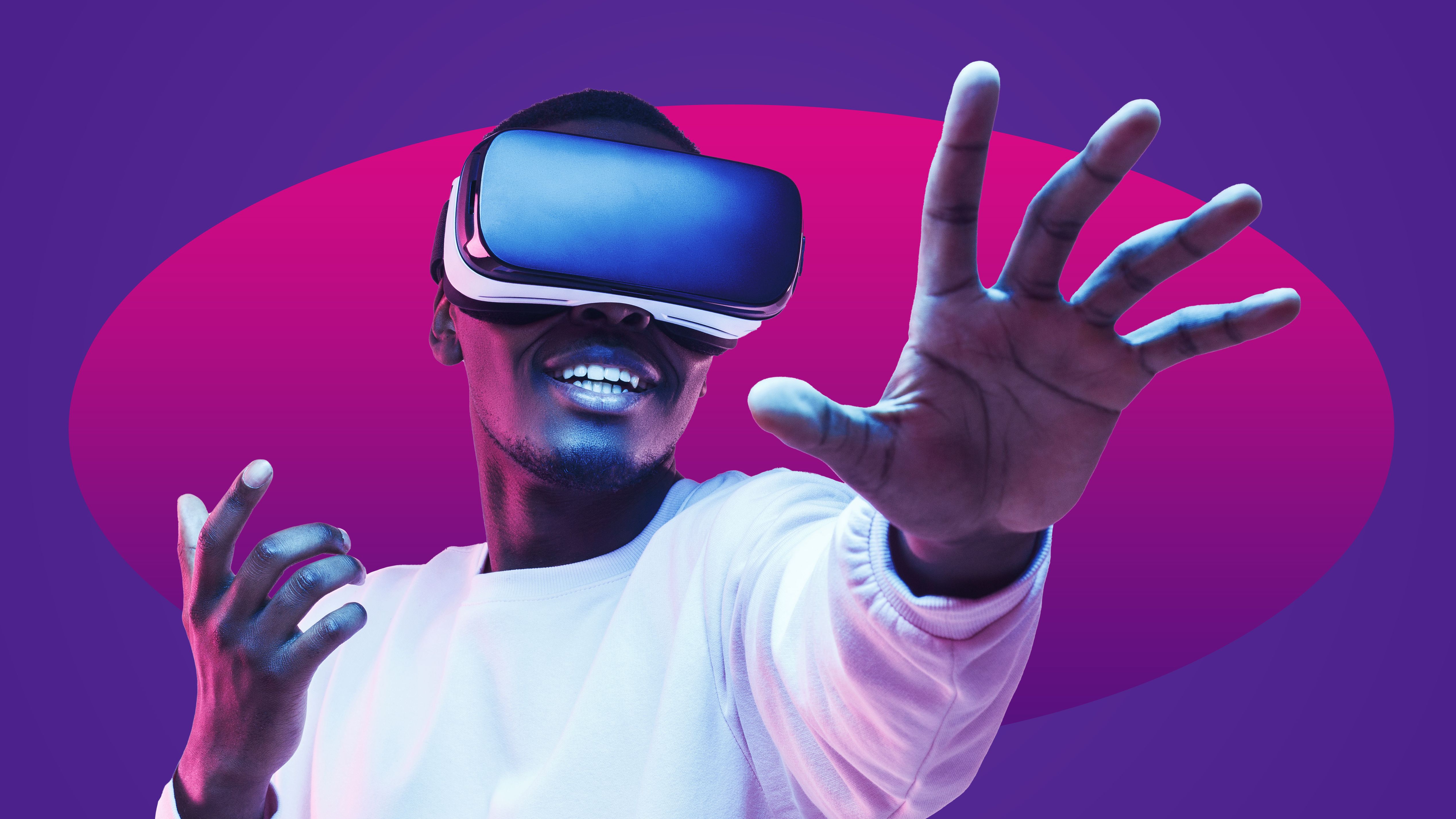 Young african metaverse user wearing virtual reality headset, playing new VR game online