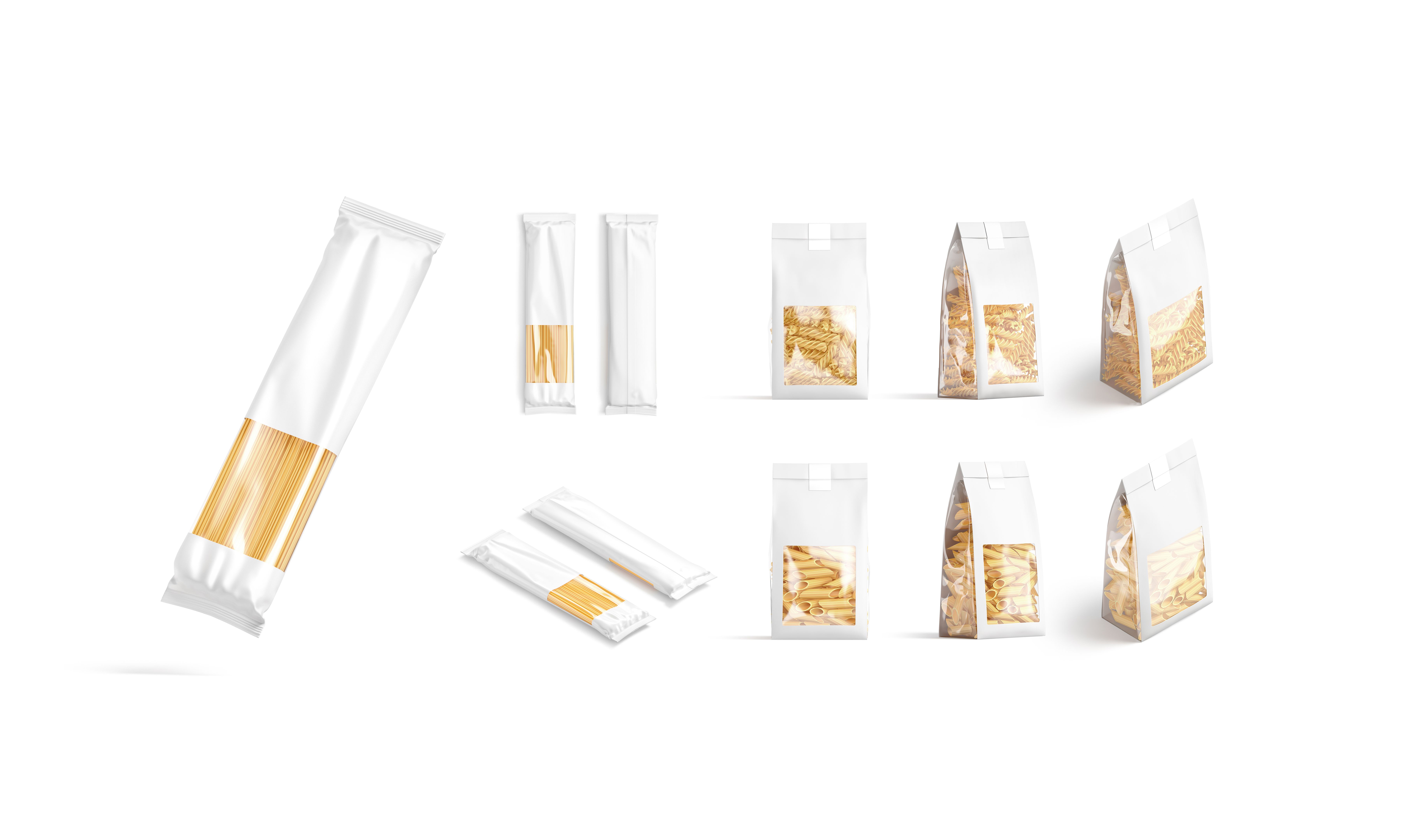 Blank white paper transparent pack with pasta mockup, different views