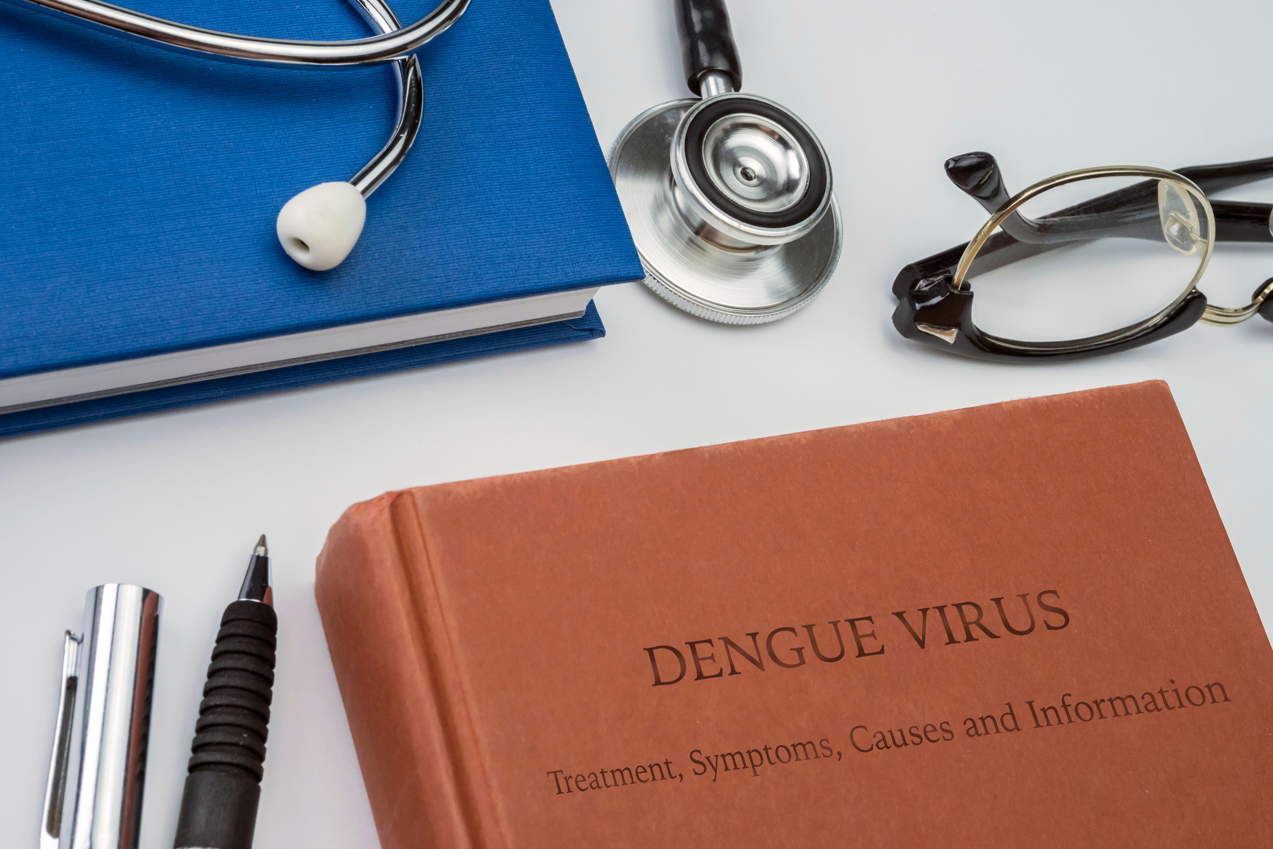 Dengue treatment, symptoms, causes and information written in a medicine book with stethoscope and vintage glasses, conceptual image