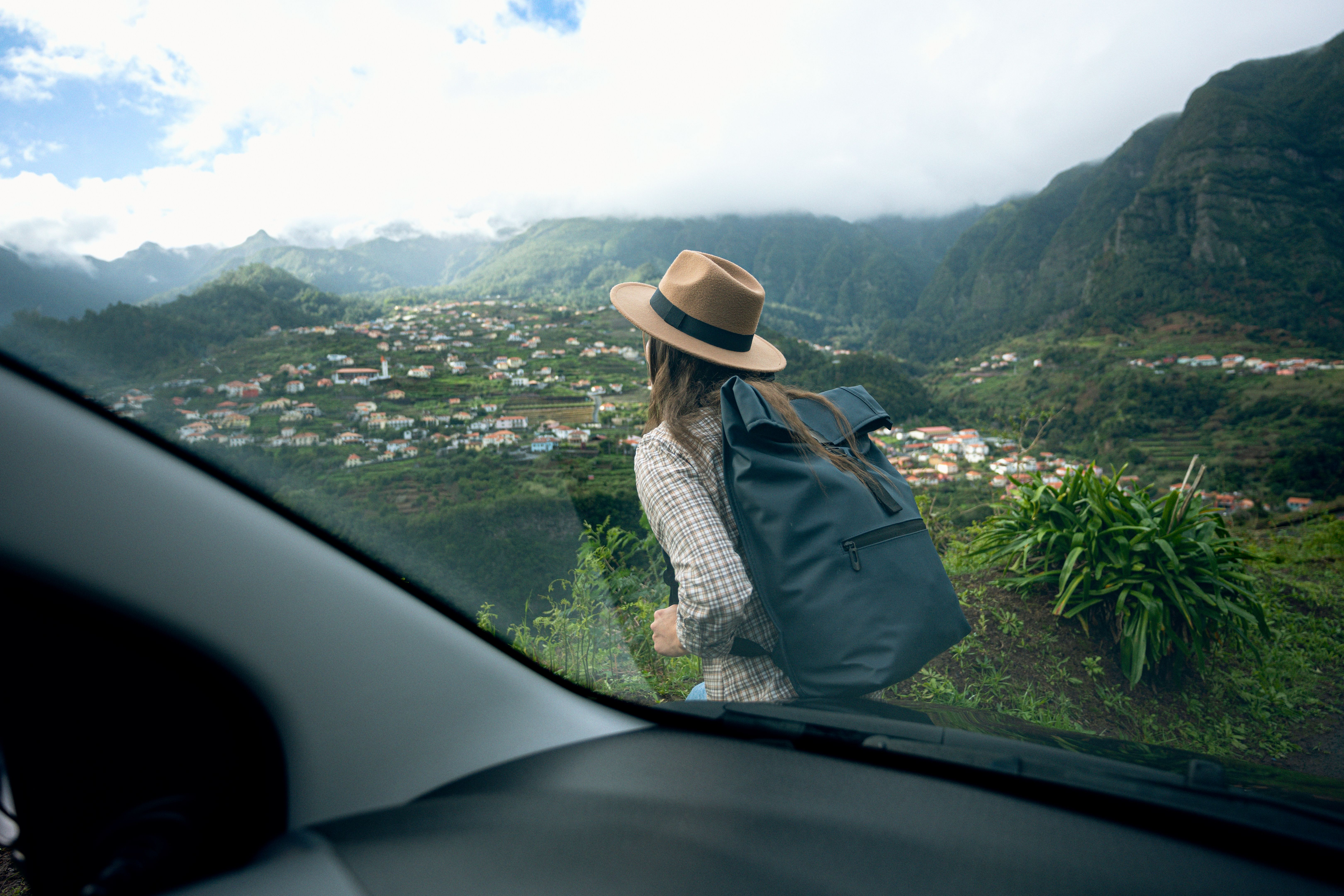 Rural Tourism. Woman with Rental Car on Holiday in Madeira.