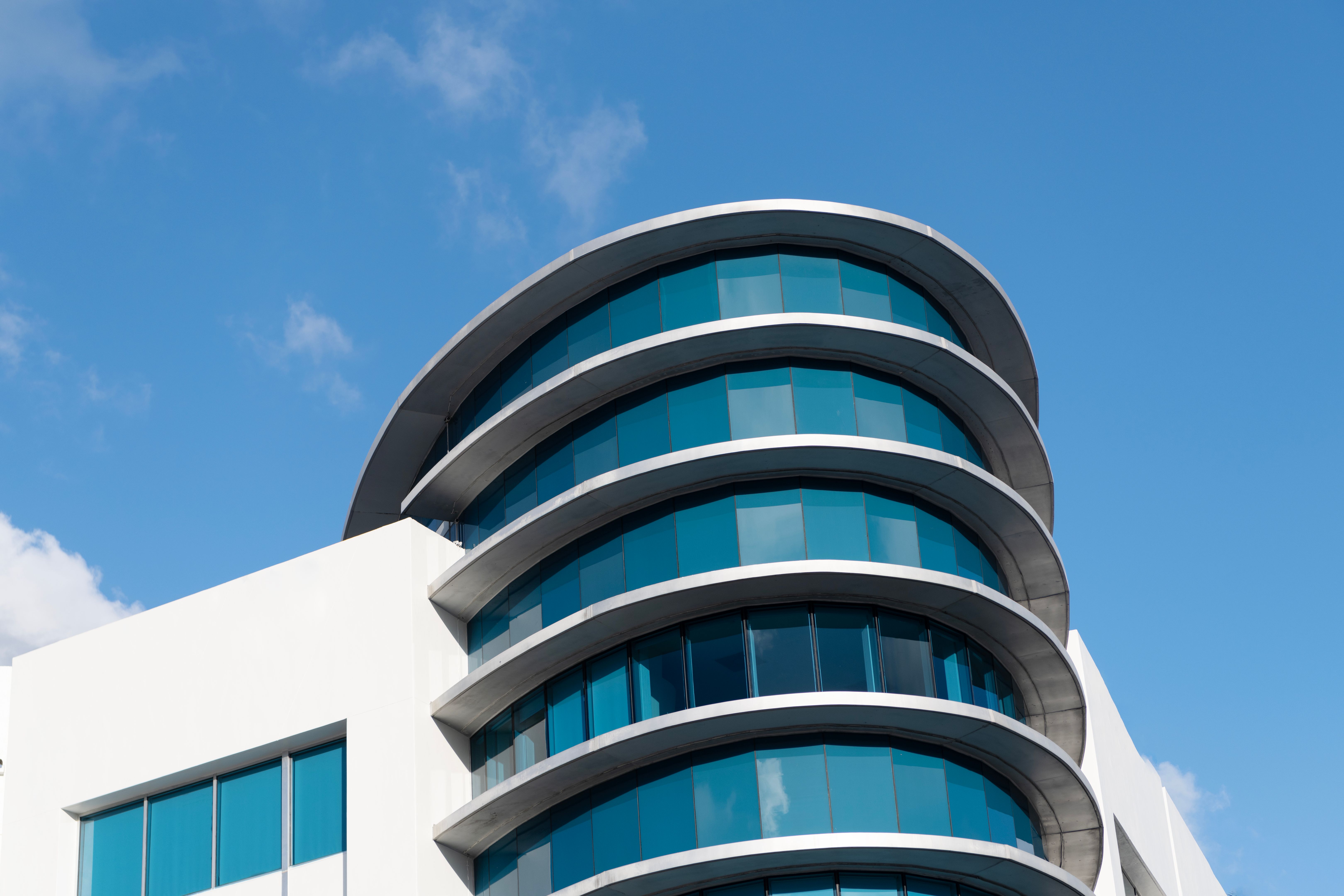 Architectural building in Miami beach. Hotel perspective view. Hotel architecture. Architecture of modern building. Perspective residential skyscraper. Modern residential building