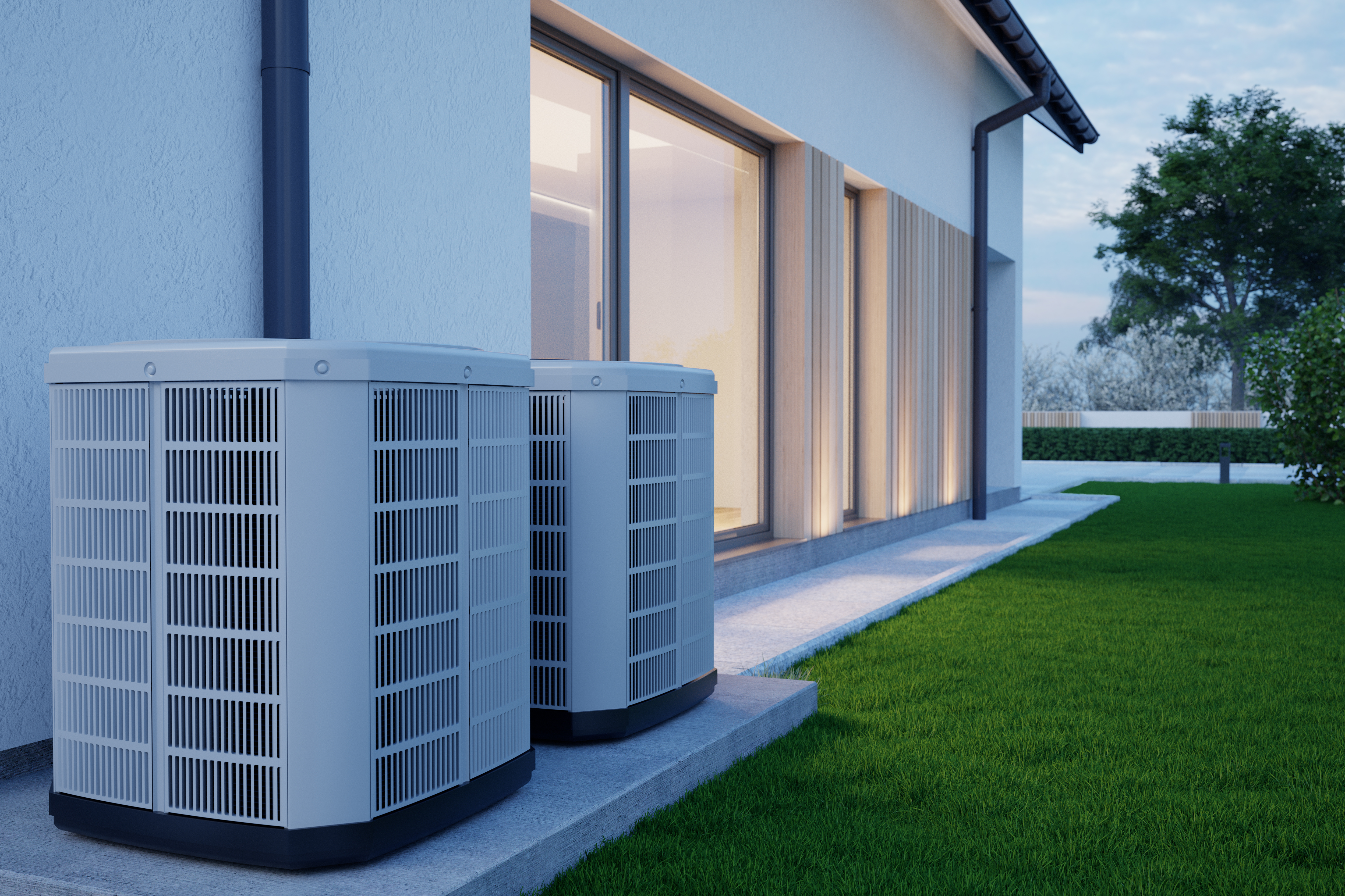 Air heat pumps beside house