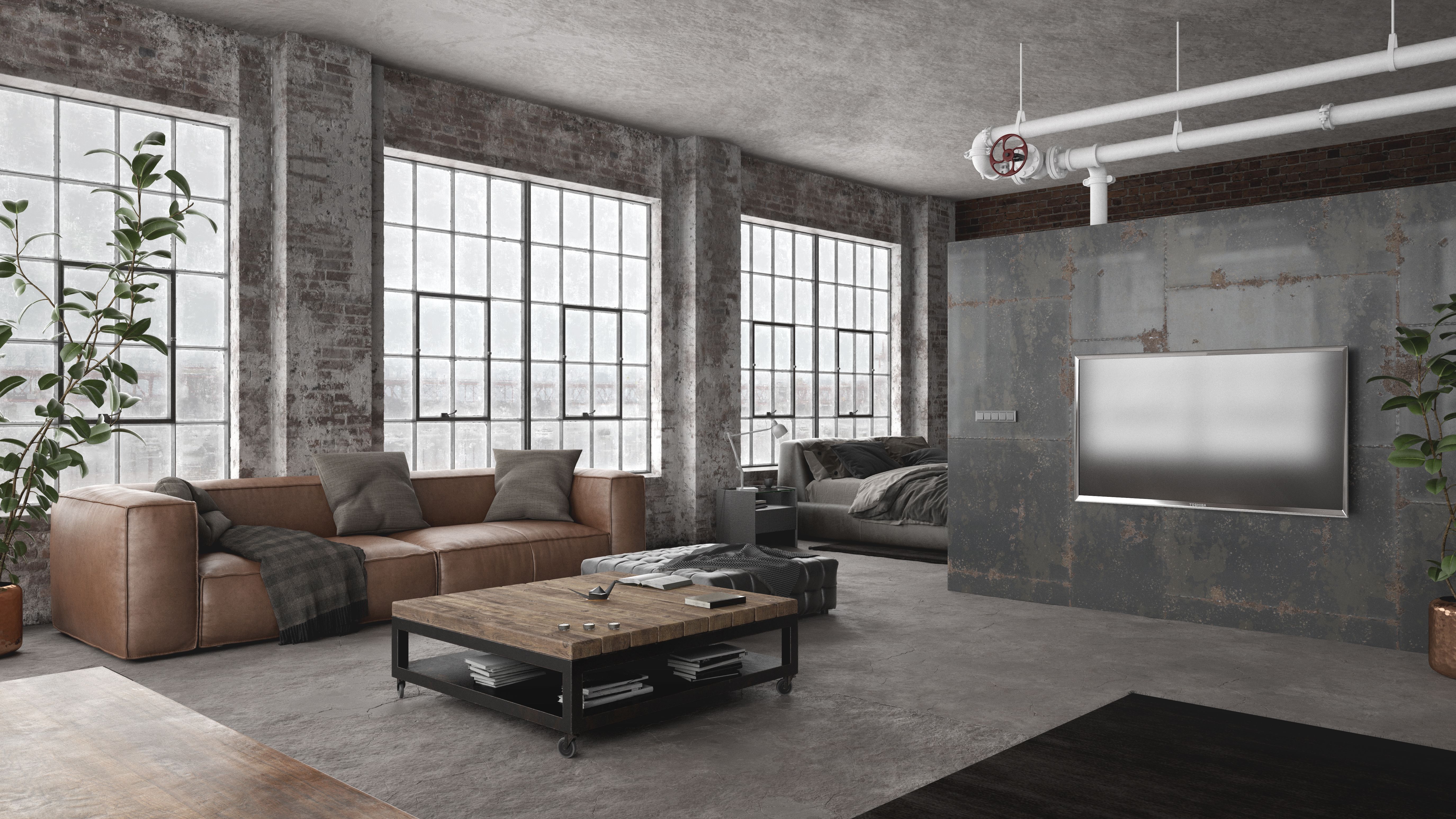 Industrial styled interior of modern open space loft apartment