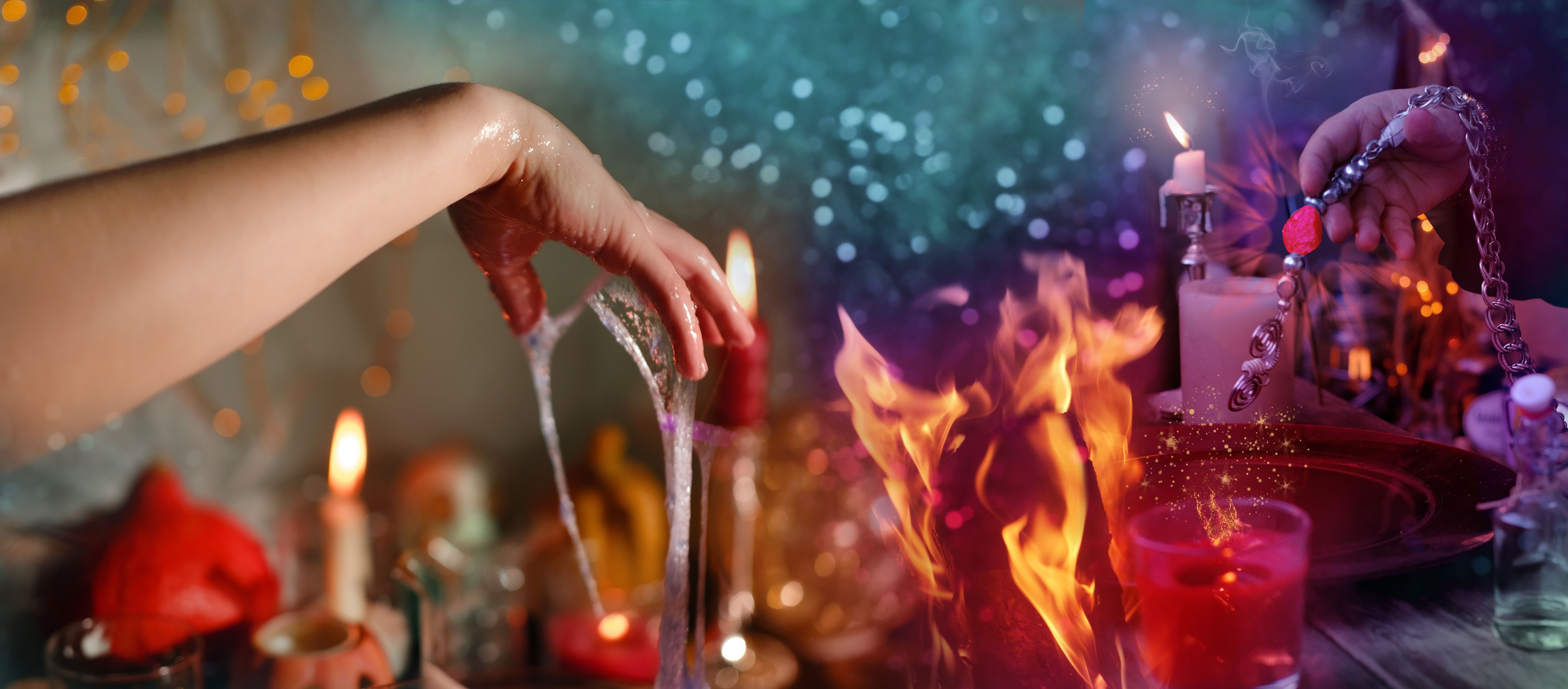 Librate with pendulum, healing or oracle foretelling, magic session, Female Fortuneteller or esoteric Oracle performs spell, shakes charmed amulet, talisman for good luck, money, removes damage