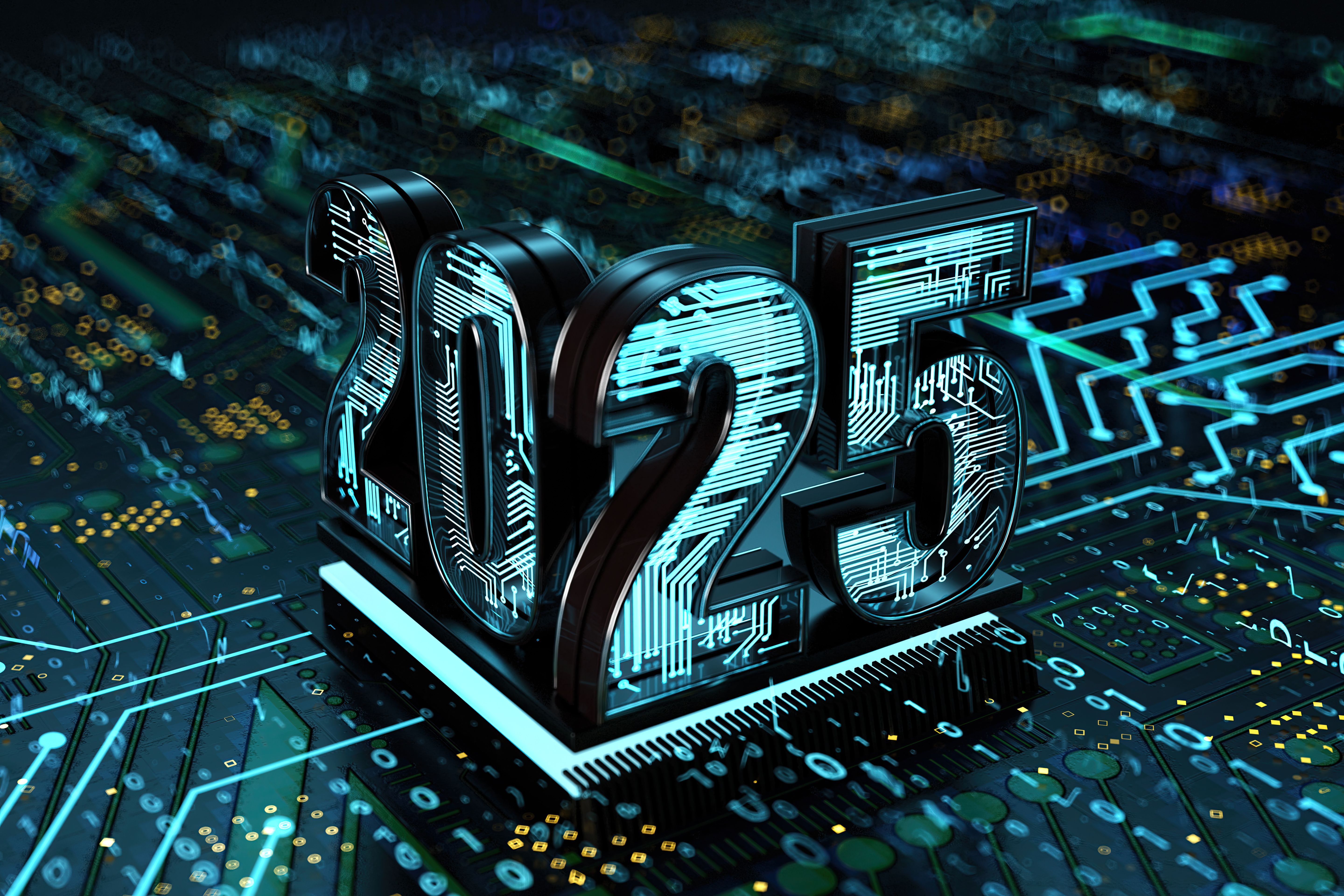 Illuminated 2025 on the Microchip of an Electronic Board Illuminated 2025 on the Microchip of an Electronic Board