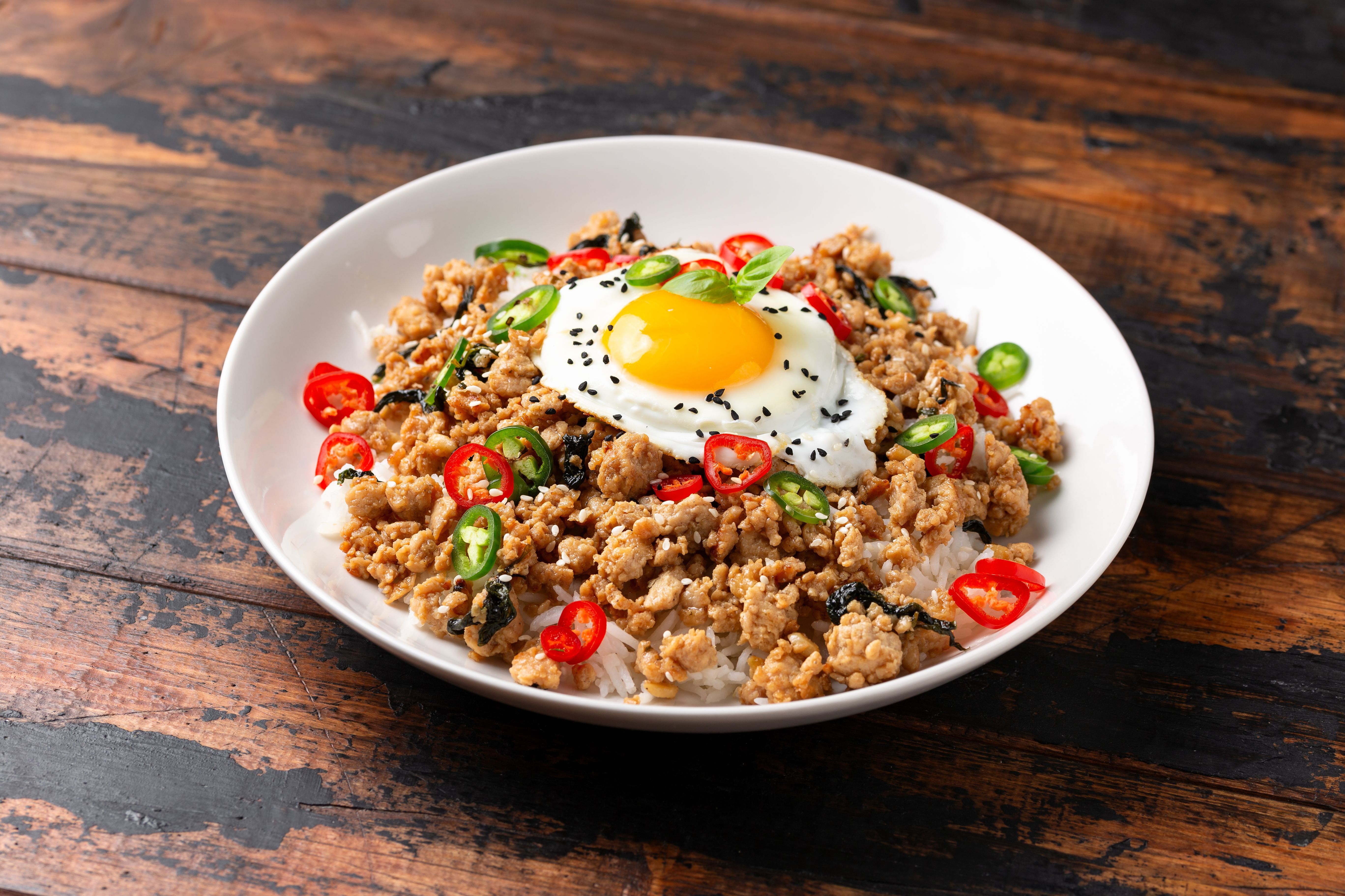 Pad Krapow Gai, Thai Basil Chicken with rice and fried egg