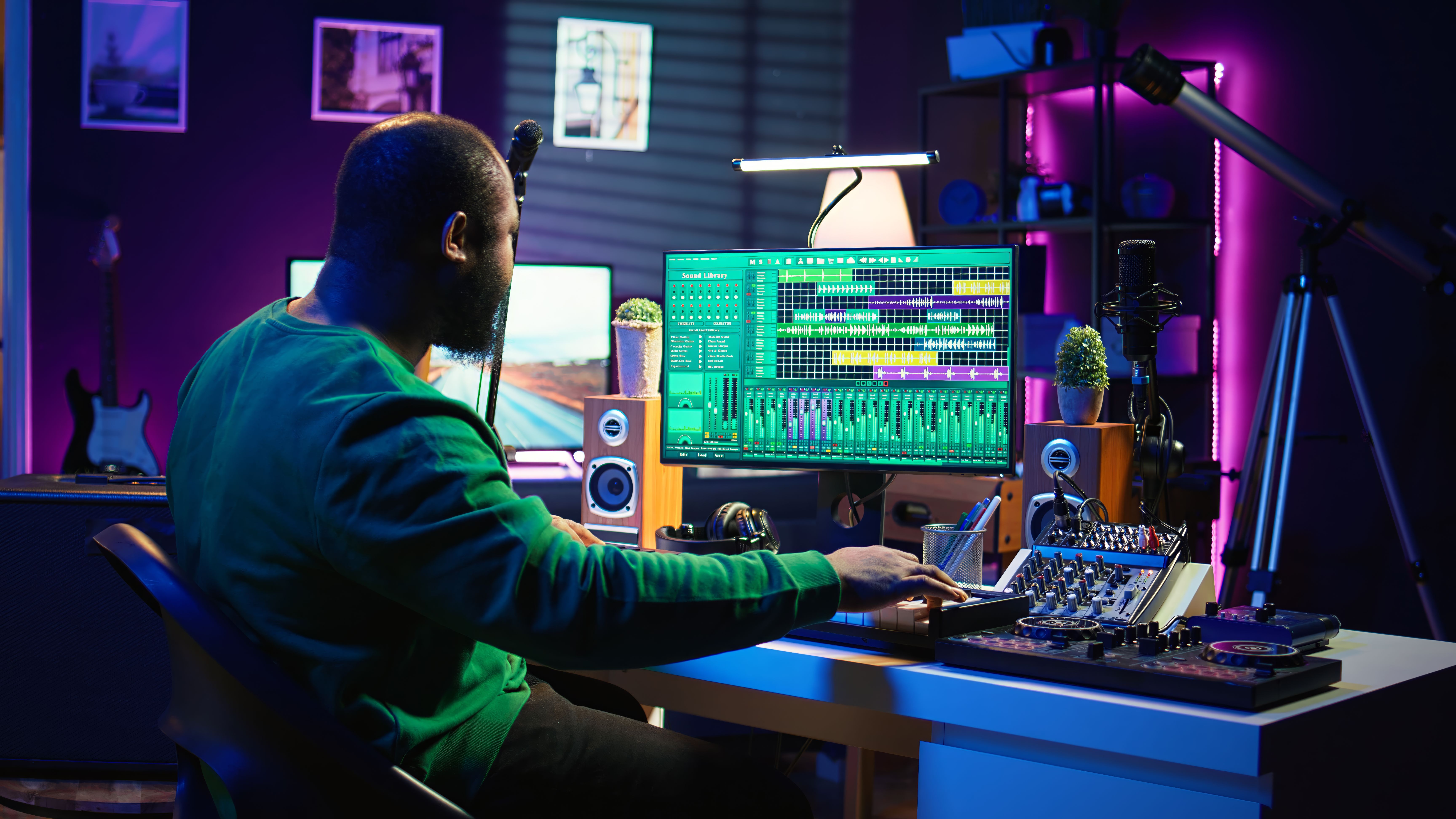 Artist playing piano electronic keyboard and recording new sounds Artist playing piano electronic keyboard and recording new sounds