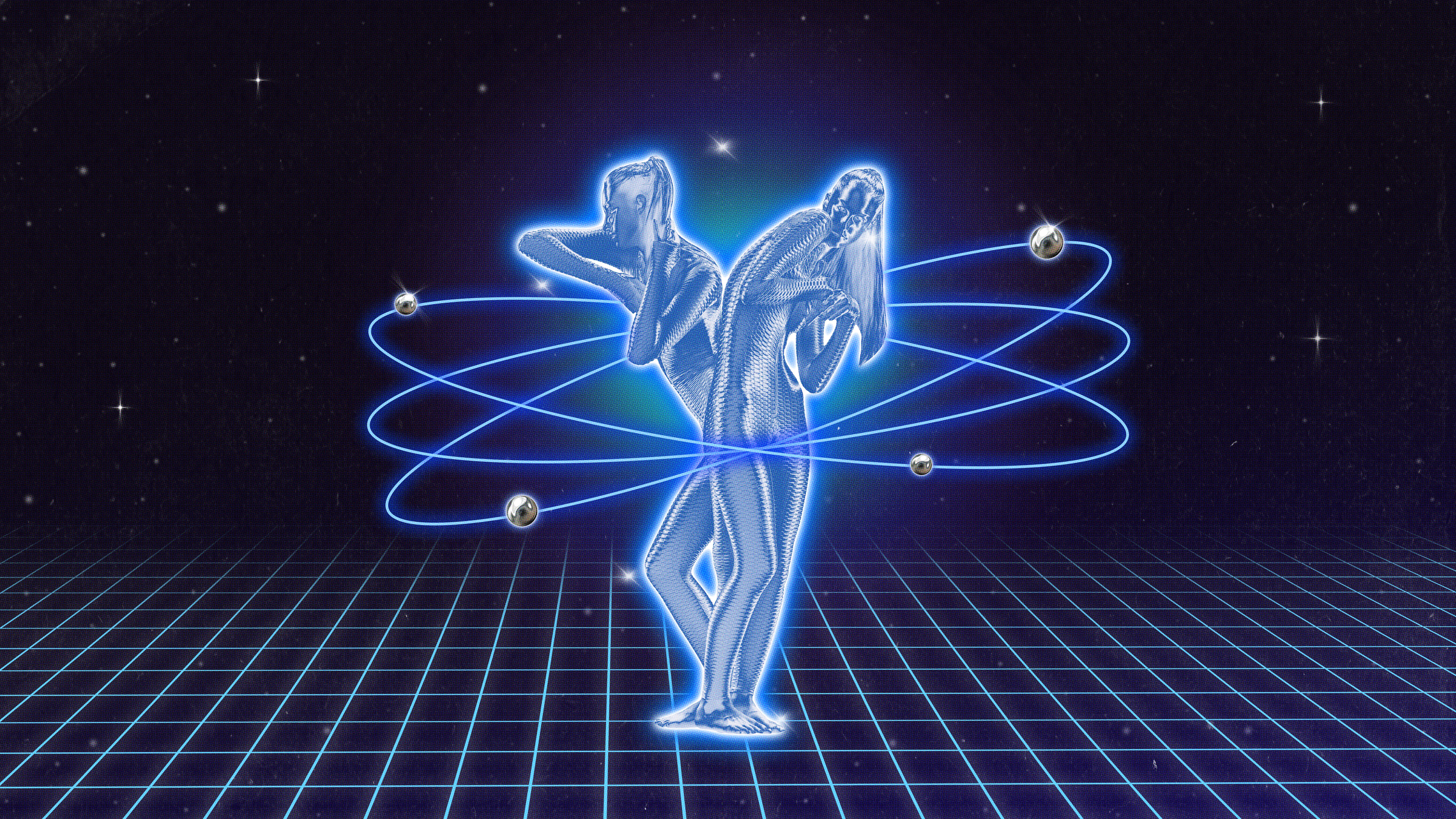 Poster. Contemporary art collage. Connection. Neon wireframe of women with orbiting rings and spheres on digital grid. Futuristic art style.