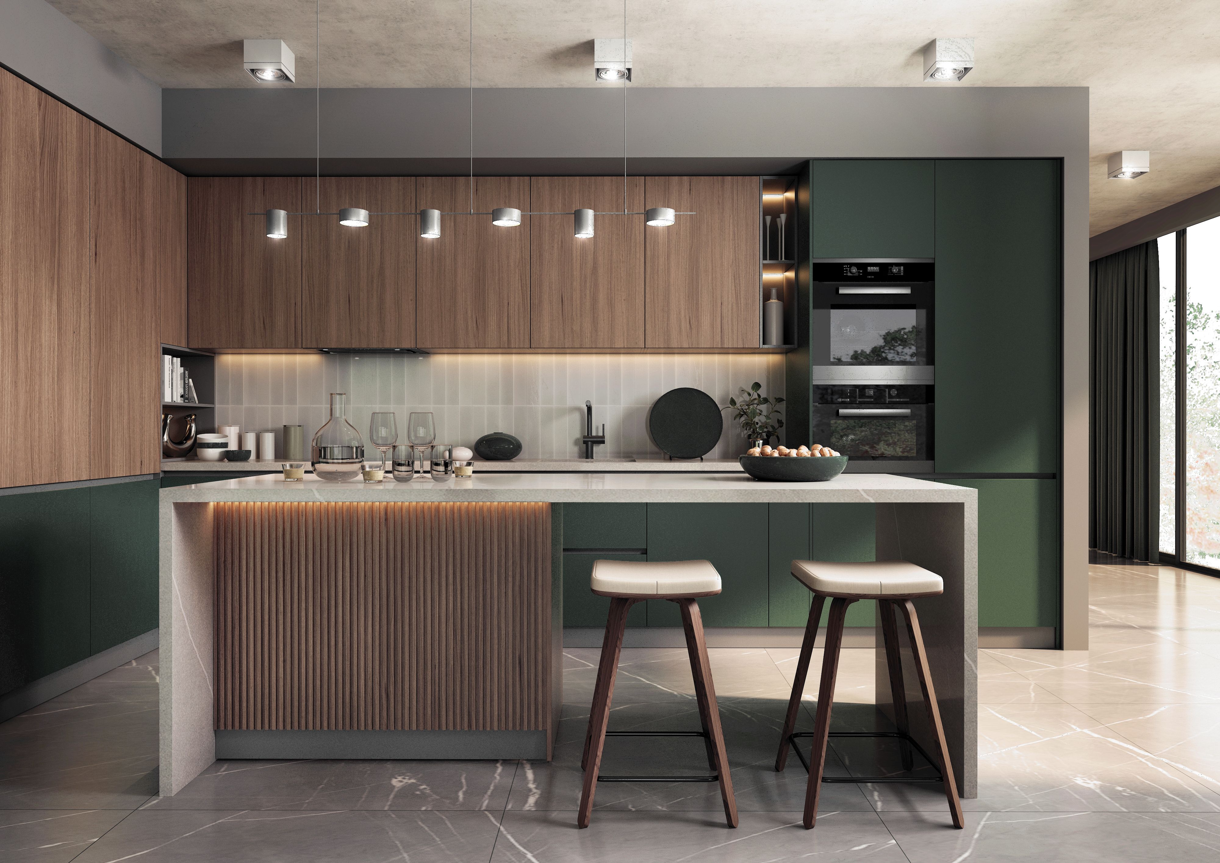 Dark green modern kitchen with wooden elements.