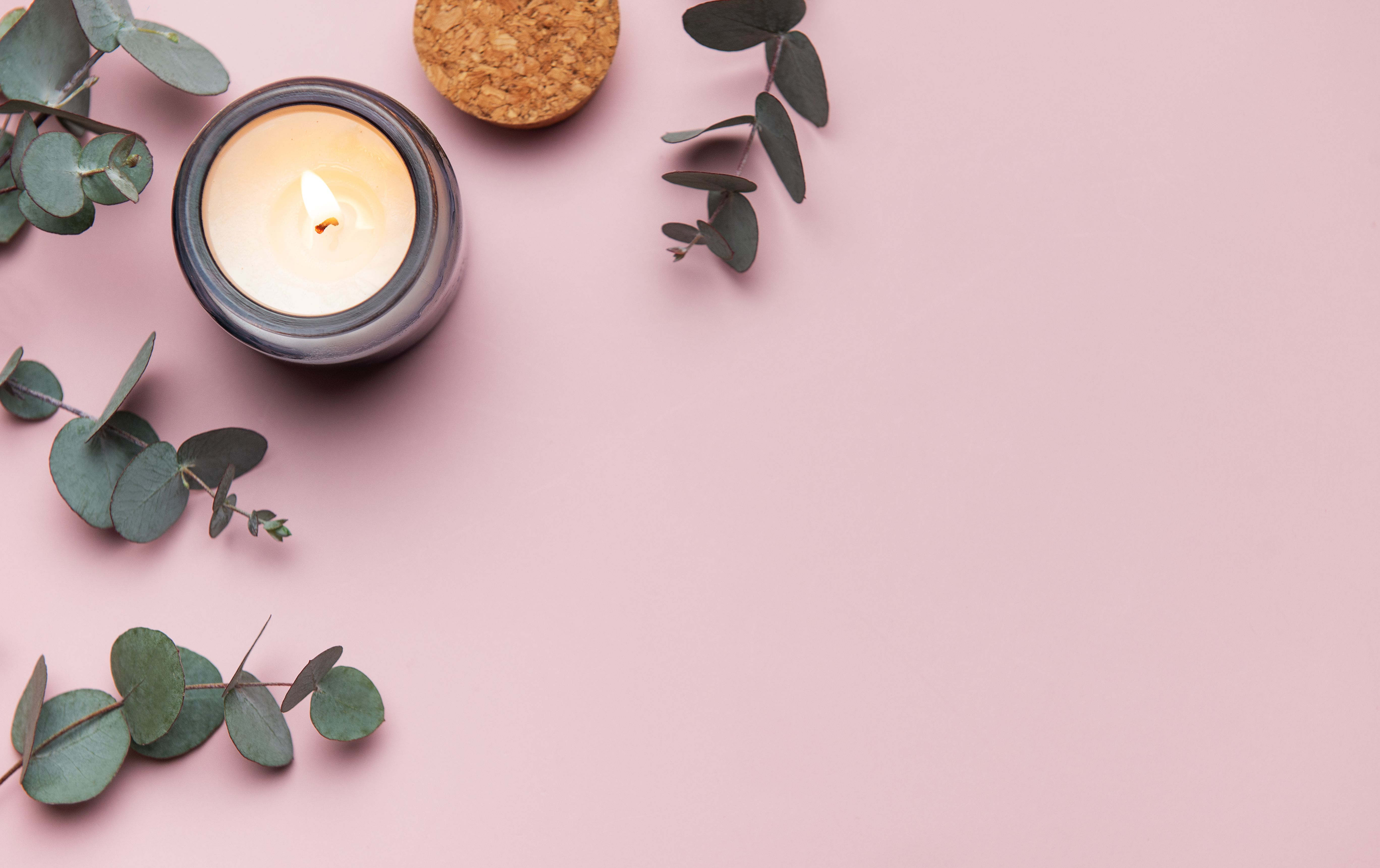 Burning aromatic candle with eucalyptus branches on pink background