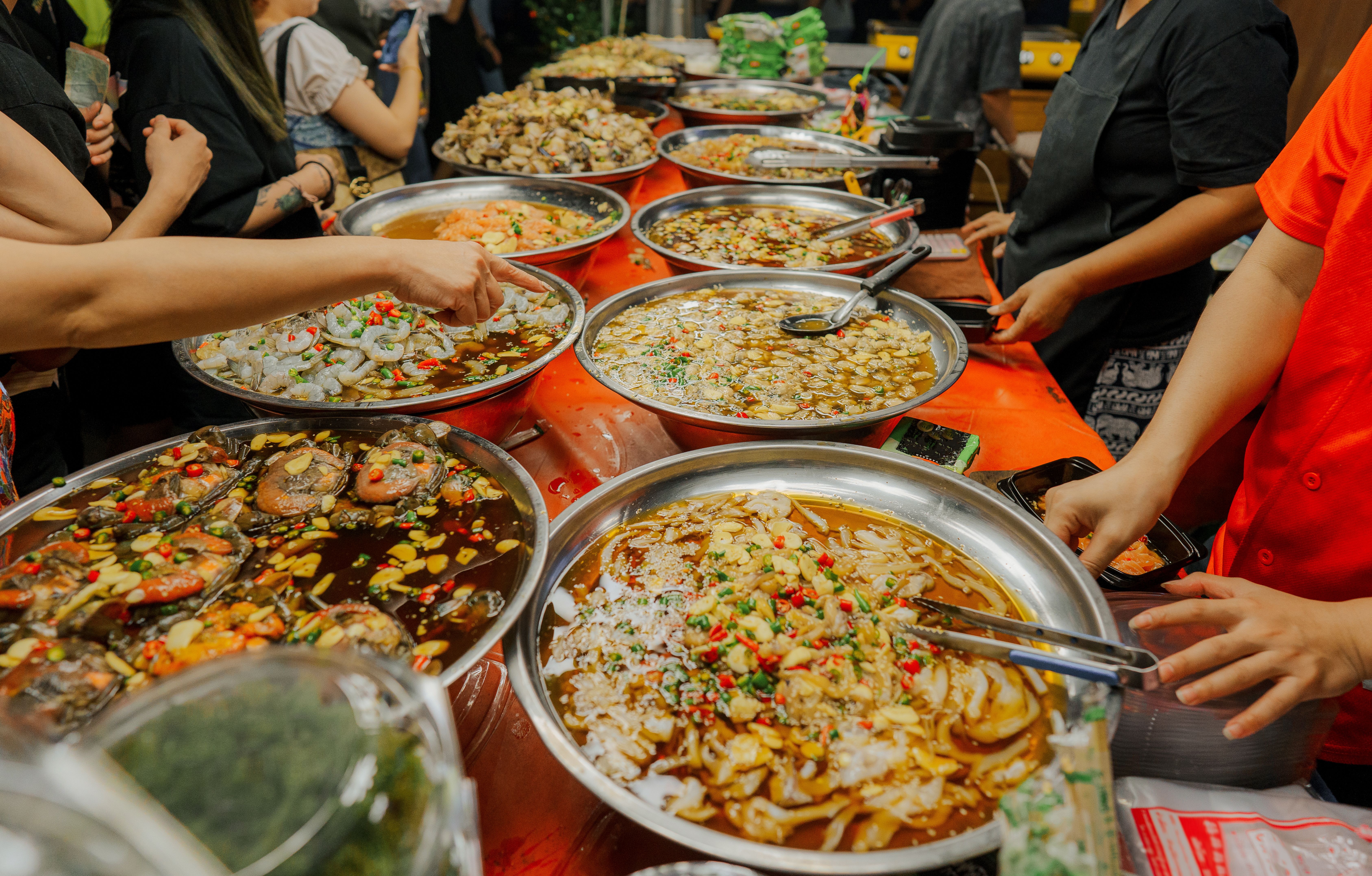 Marinated shrimp on night market in Bangkok