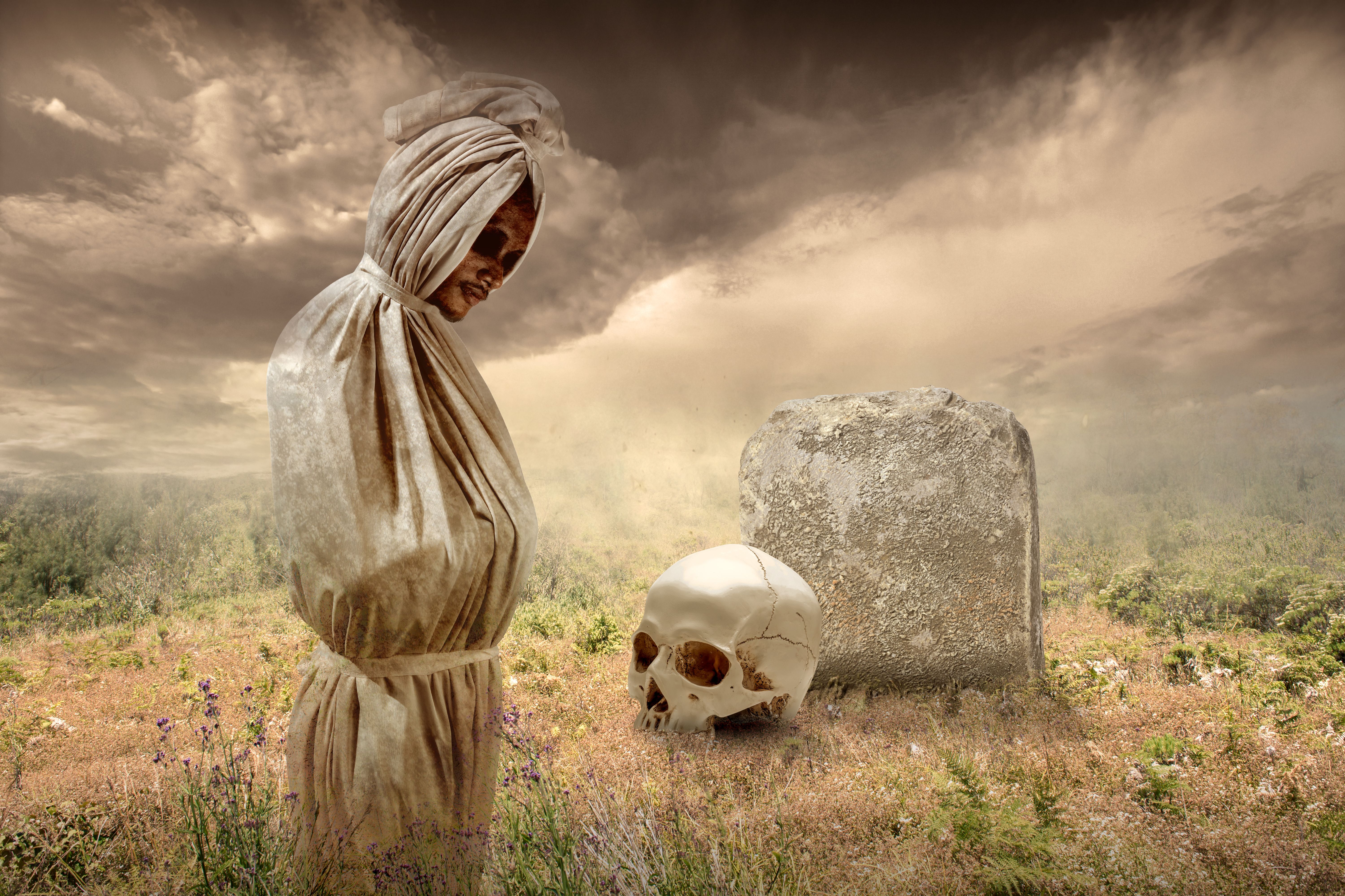 Pocong is covered with a white linen shroud standing Pocong is covered with a white linen shroud standing