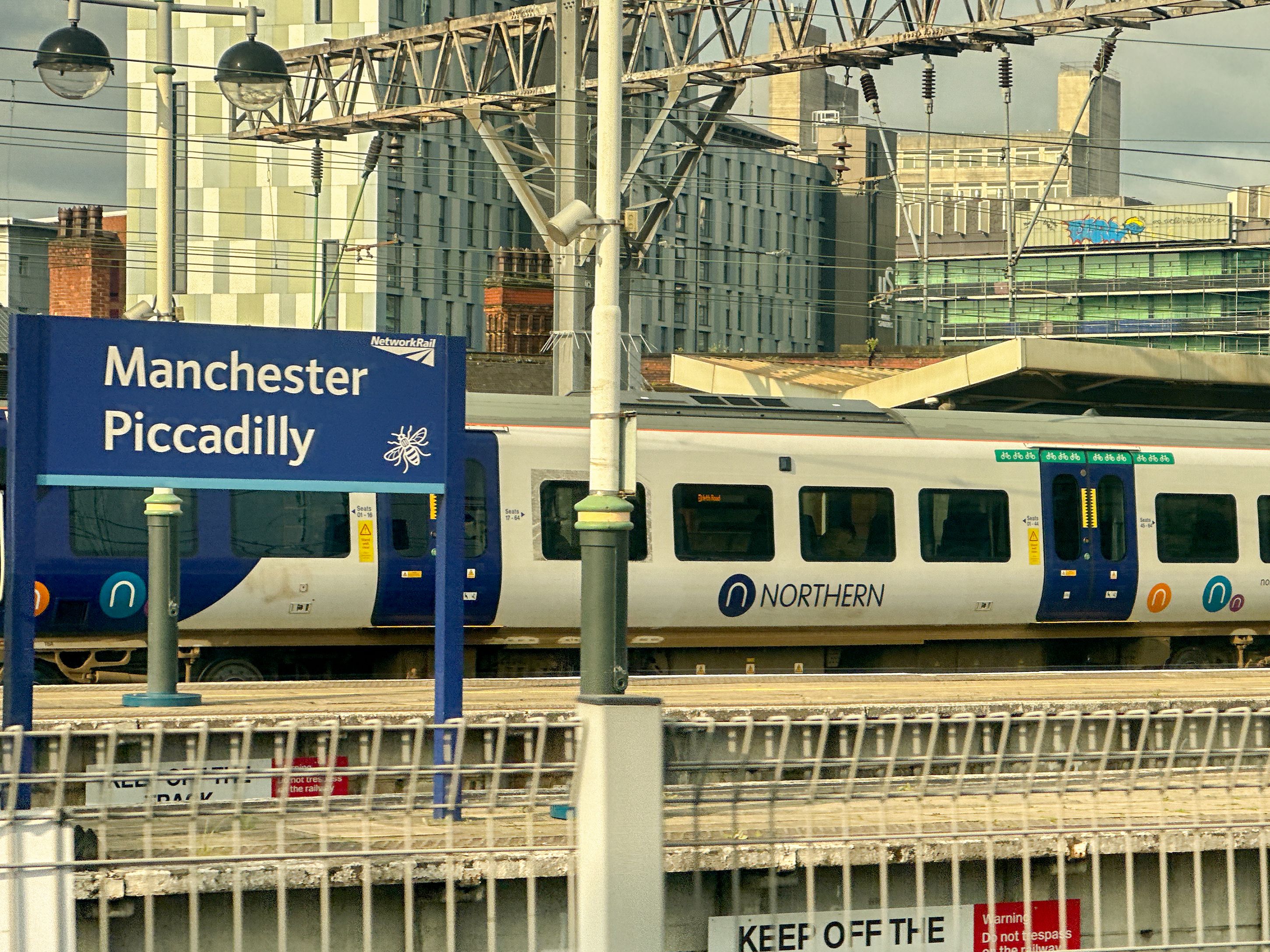 Sign on one of the platforms at Manchester Piccadilly railway station Sign on one of the platforms at Manchester Piccadilly railway station