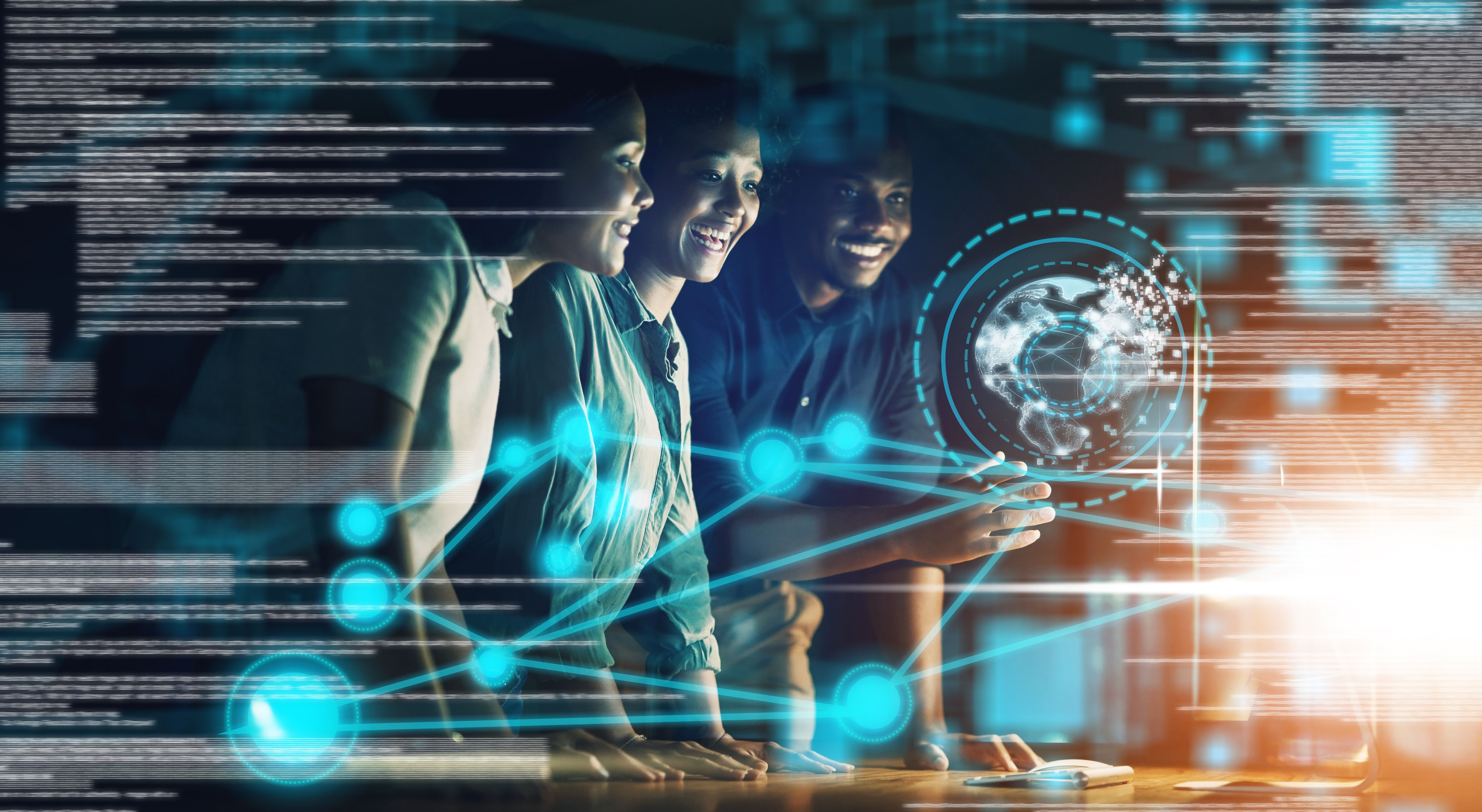 Global hologram, business people and digital transformation with scifi, cyberpunk or information technology light innovation background. Futuristic, 3D design for future ai globe networking software