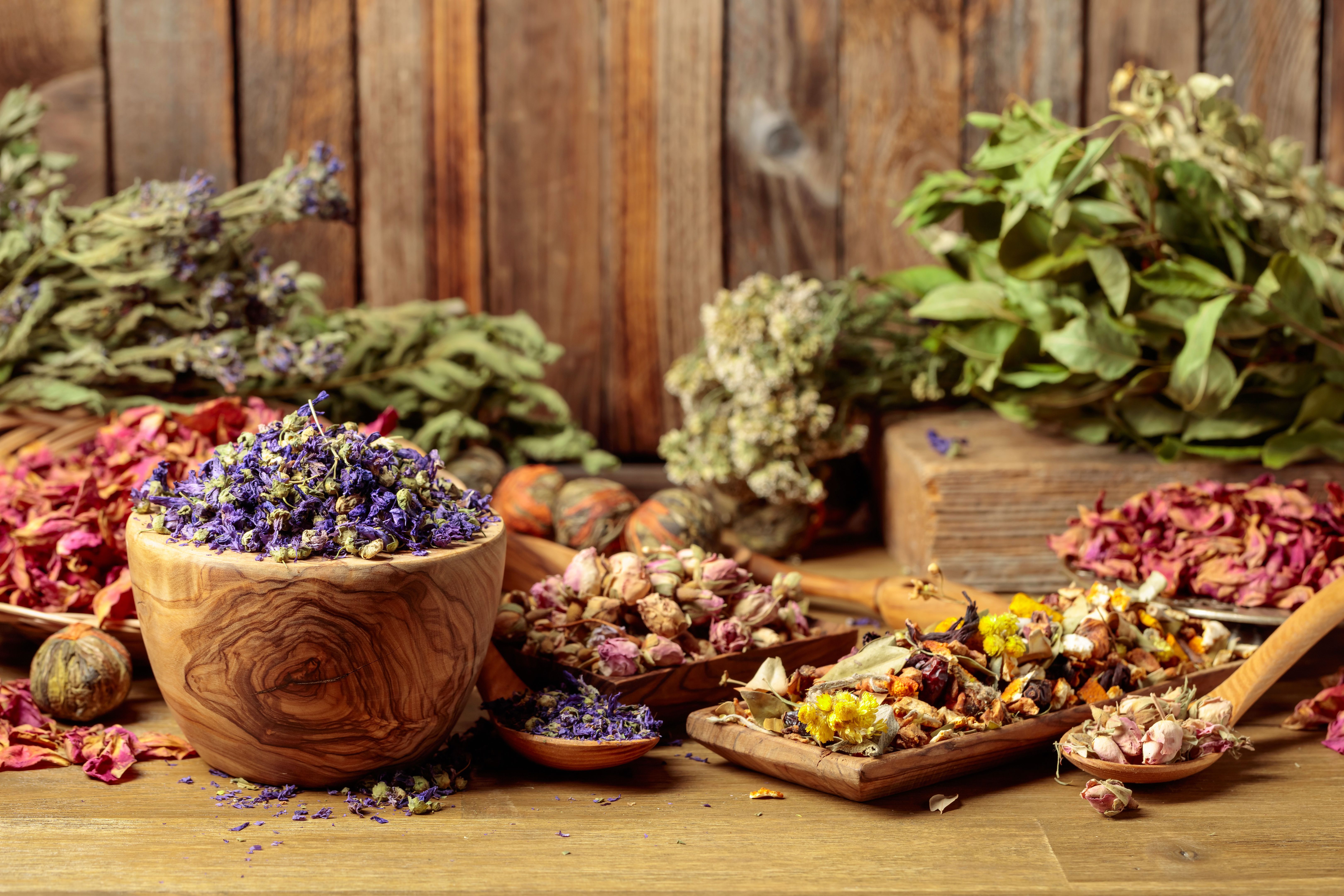 Various dried medicinal plants, herbs, and flowers on an old wooden background. Various dried medicinal plants, herbs, and flowers on an old wooden background.
