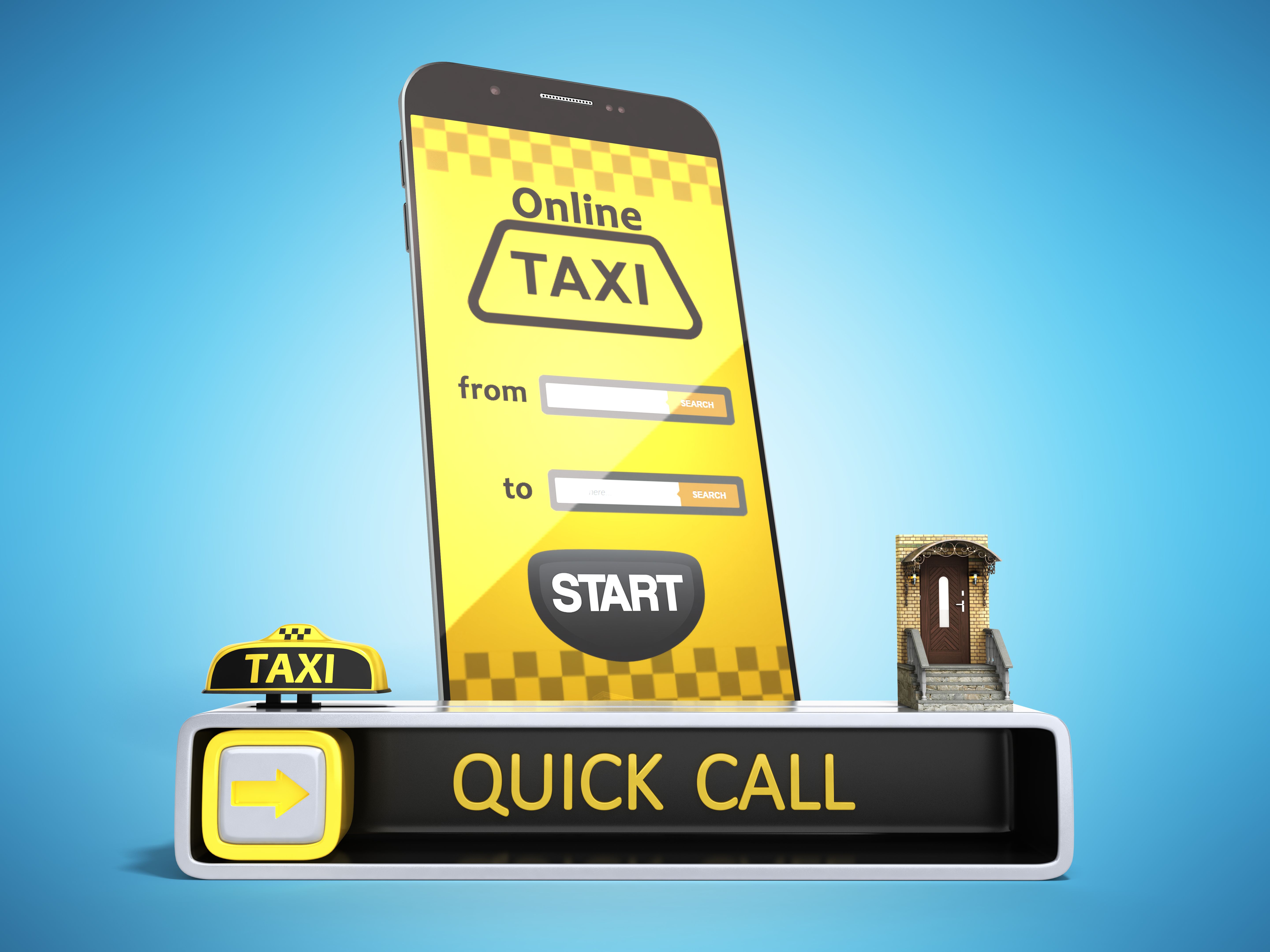 Ordering a taxi cab online internet service transportation concept navigation pin pointer with checker pattern and yellow taxi and phone 3d render on blue Ordering a taxi cab online internet service transportation concept navigation pin pointer with checker pattern and yellow taxi and phone 3d render on blue