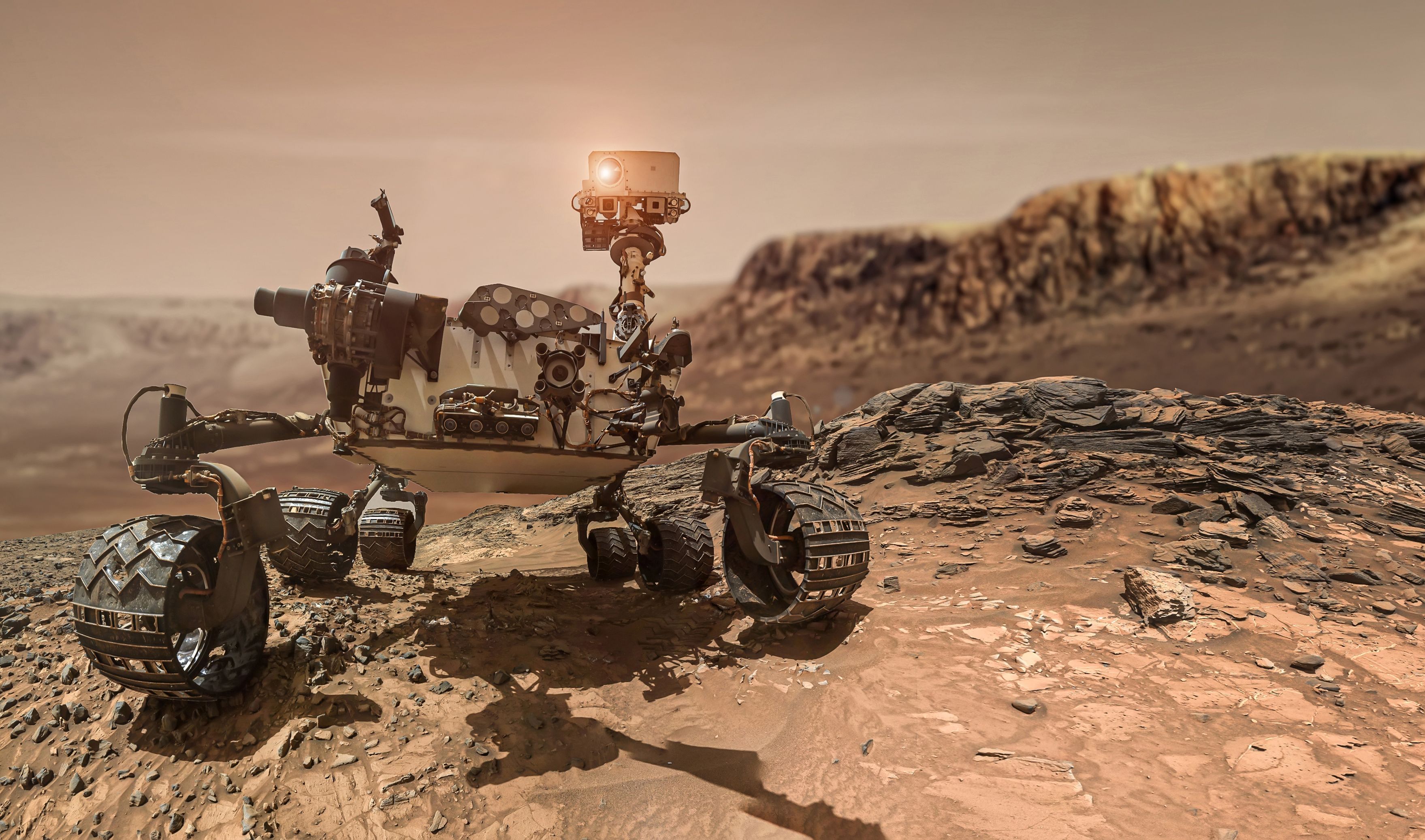 Rover on Mars surface. Exploration of red planet. Space station expedition. Perseverance. Expedition of Curiosity. Elements of this image furnished by NASA