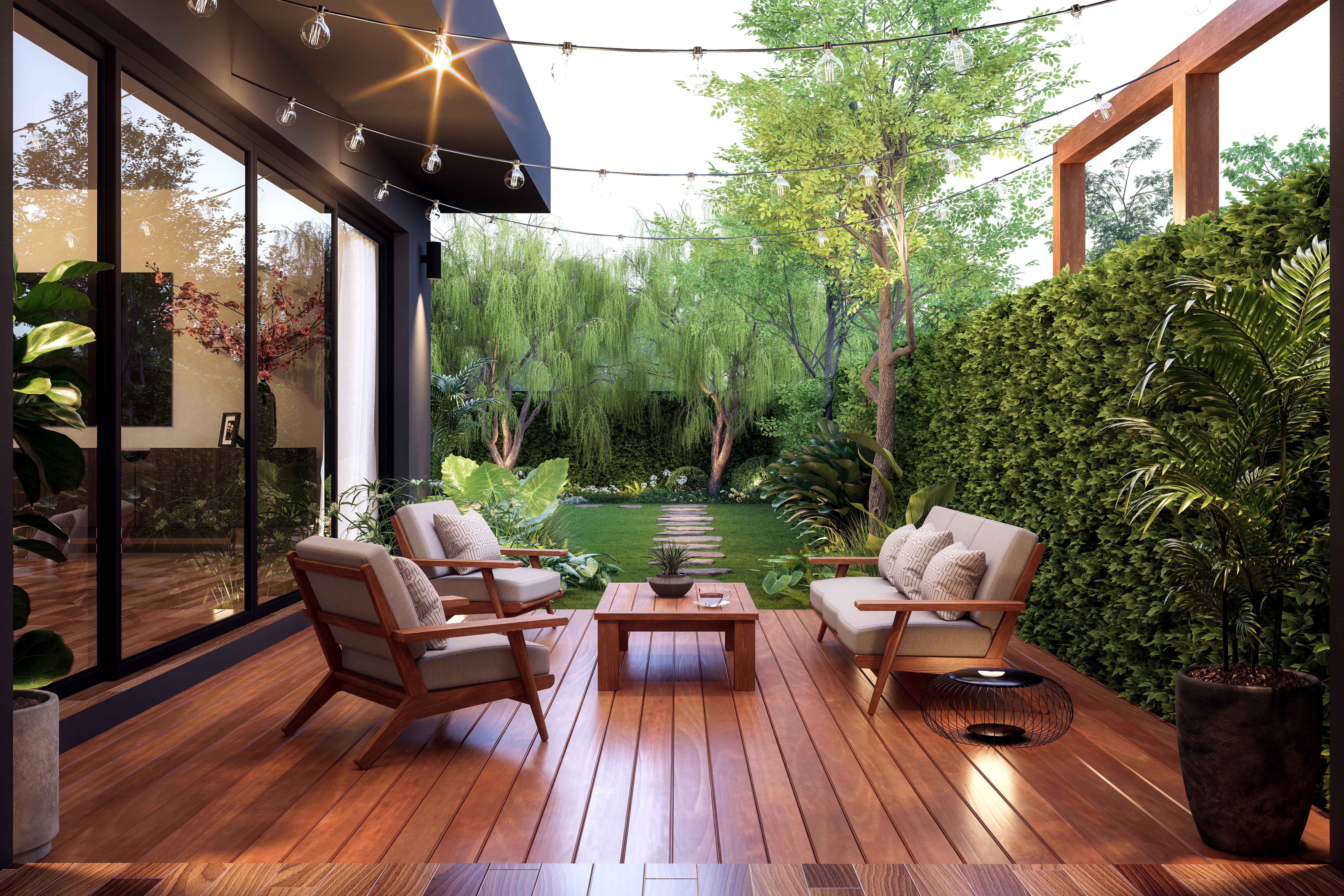Modern contemporary style small wooden terrace with garden view 3d render Modern contemporary style small wooden terrace with garden view 3d render