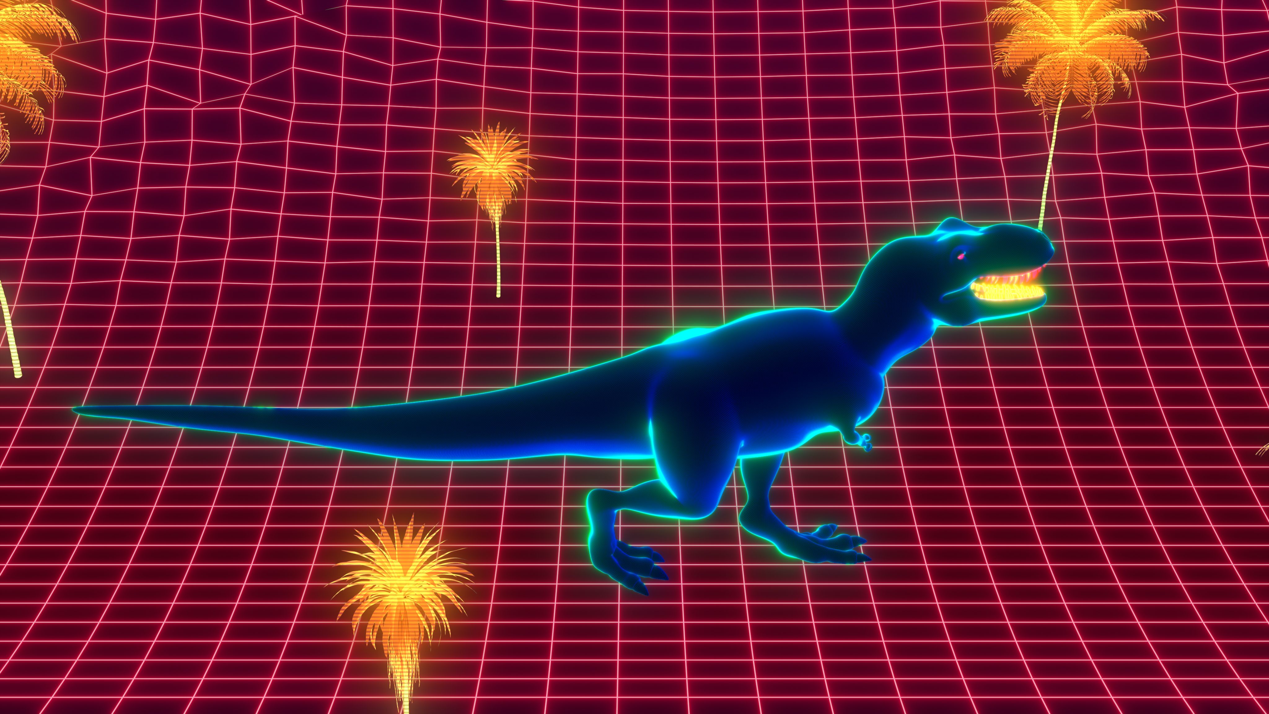 80s retro style wallpaper background. 3d illustration of t-rex dinosaur