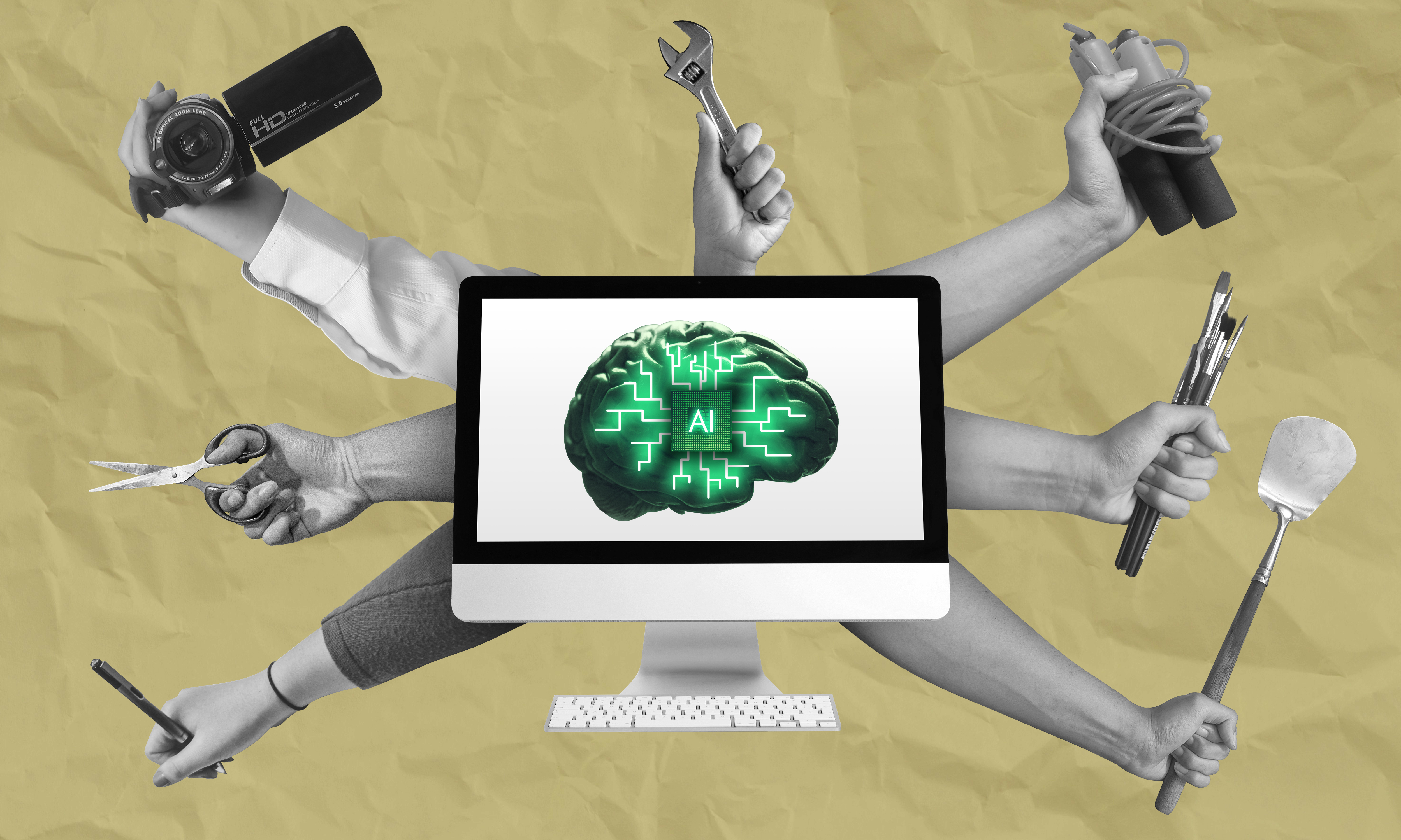 Multitasking AI assistant concept collage art Multitasking AI assistant concept collage art