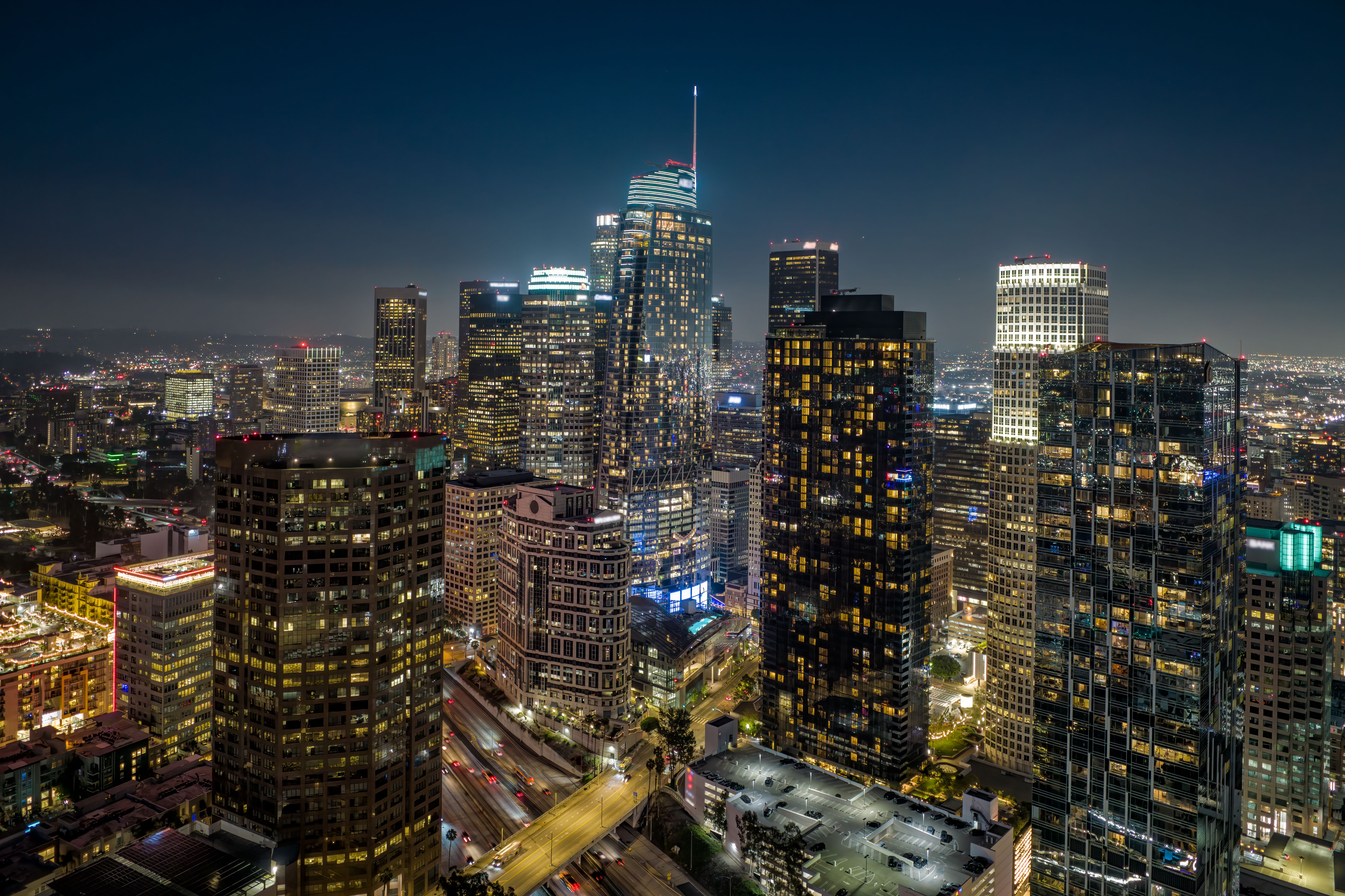 Aerial of the LA Skyline at Night