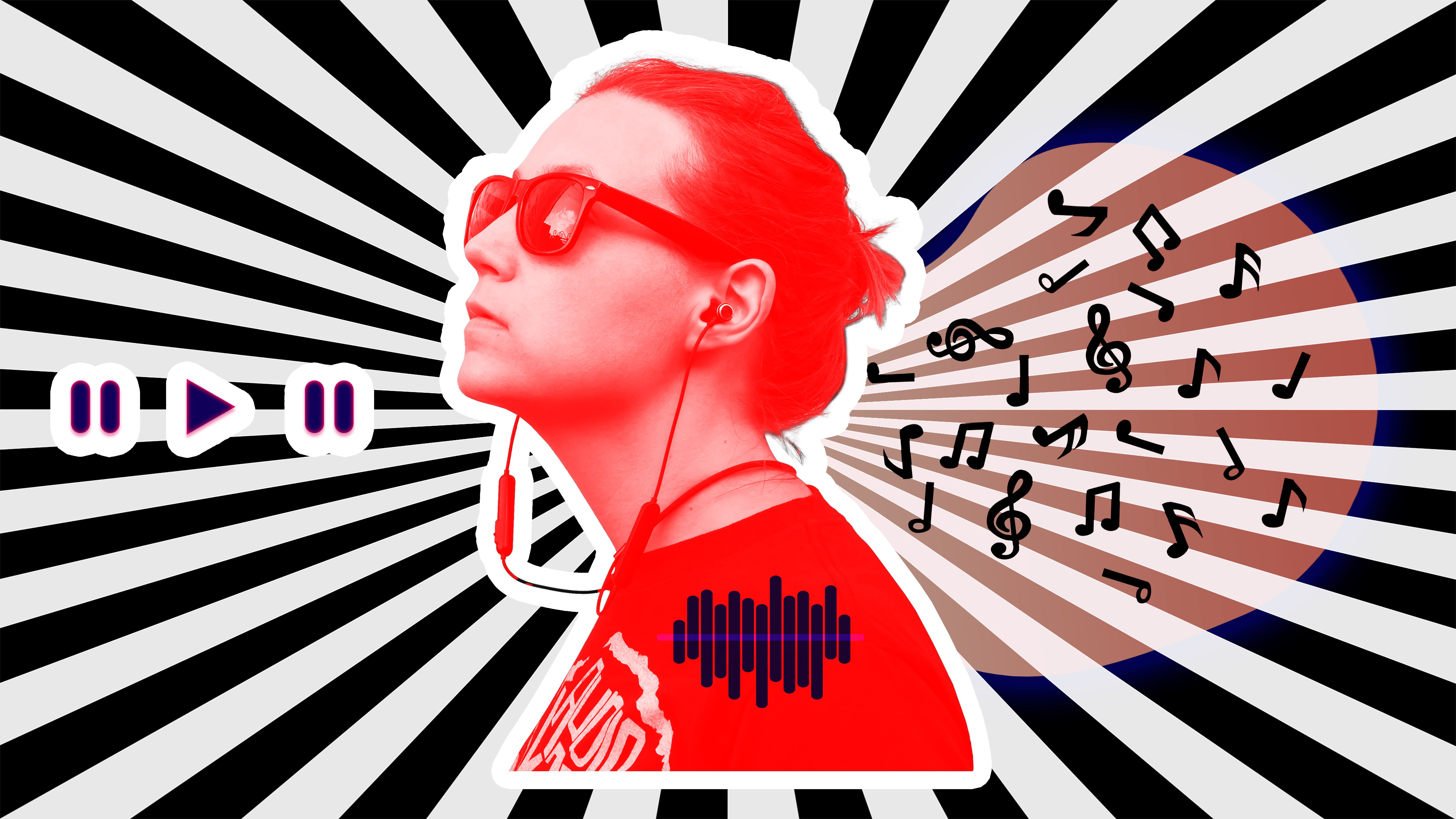 Young woman headphones social media ad creative digital art collage red sunburst background. Listen to music play sound