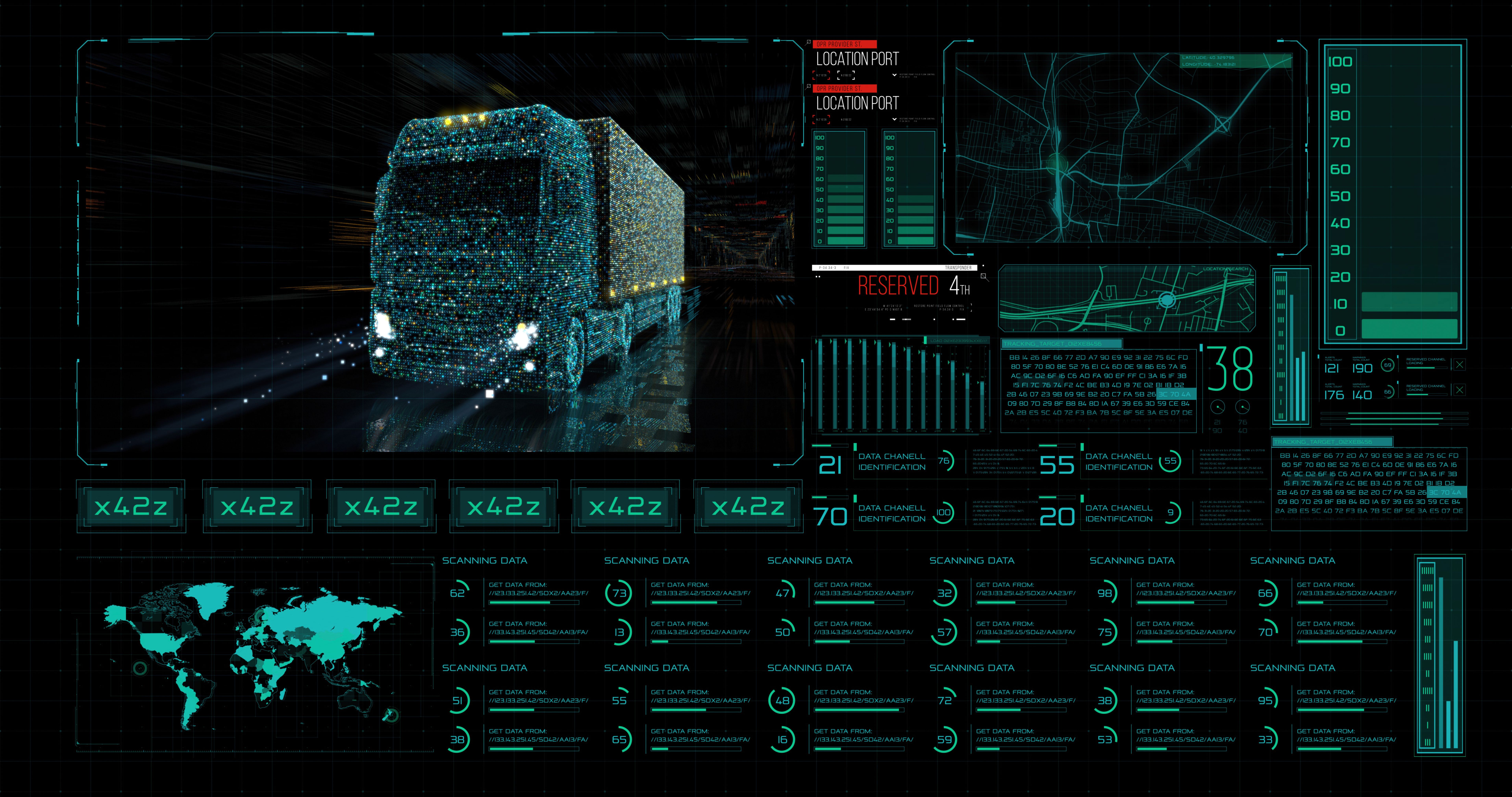 Digital HUD interface of the intelligent control system for unmanned cargo vehicles. Heavy truck control system, speed analysis, location tracking, and other important system functions. Digital HUD interface of the intelligent control system for unmanned cargo vehicles. Heavy truck control system, speed analysis, location tracking, and other important system functions.