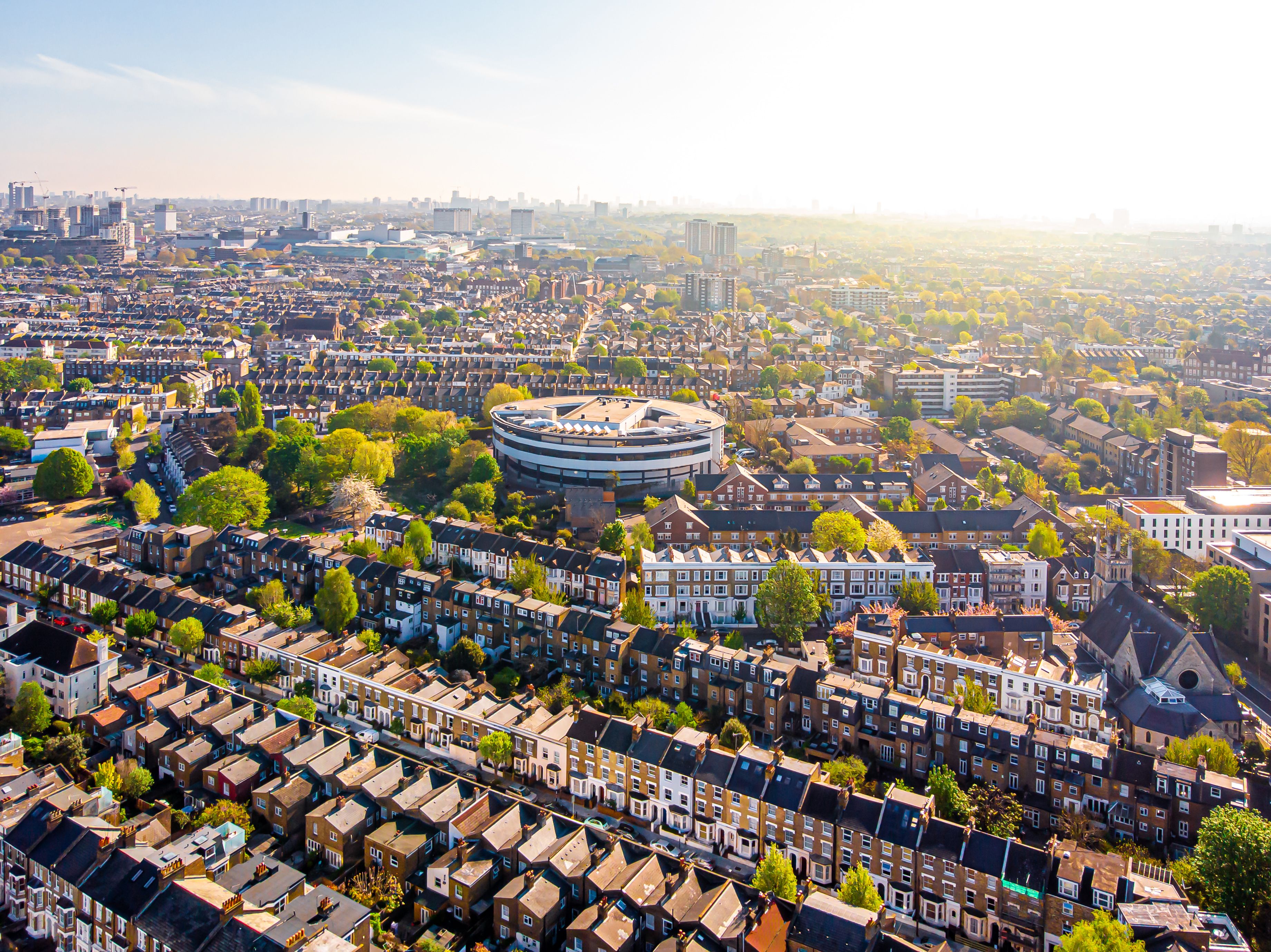 Aerial view of Hammersmith academy in the morning, UK