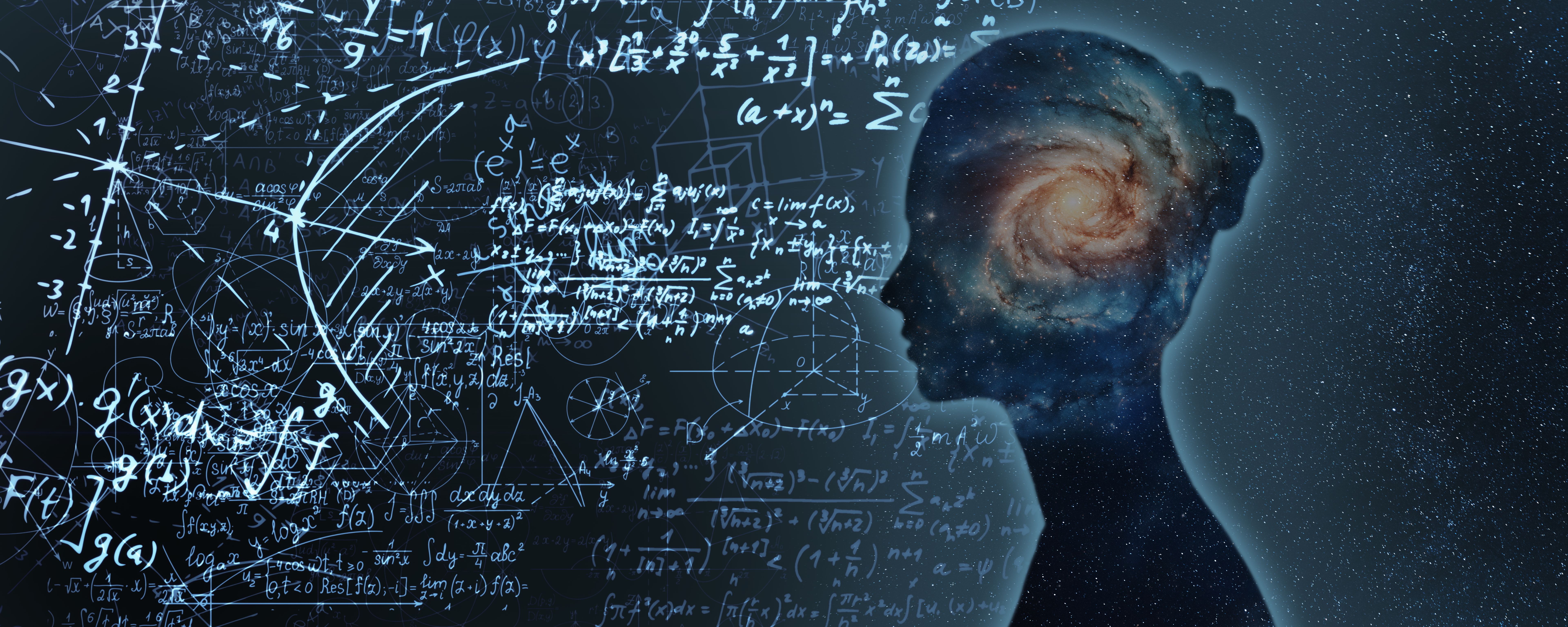 Silhouette with Galaxy Brain and Mathematical Equations on Dark Background