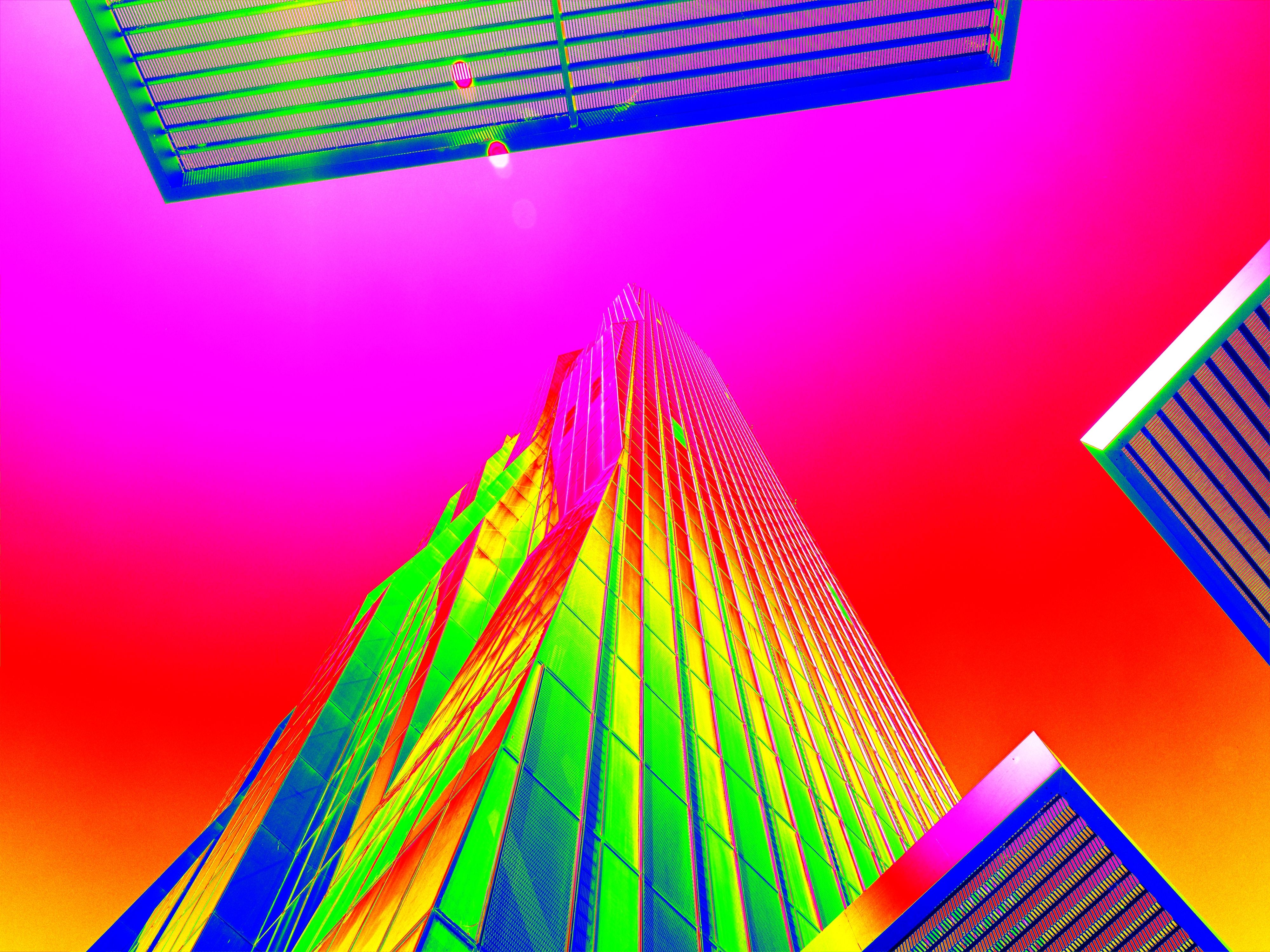 Thermal scan of  skyscraper sticking into sky. High concrete building.