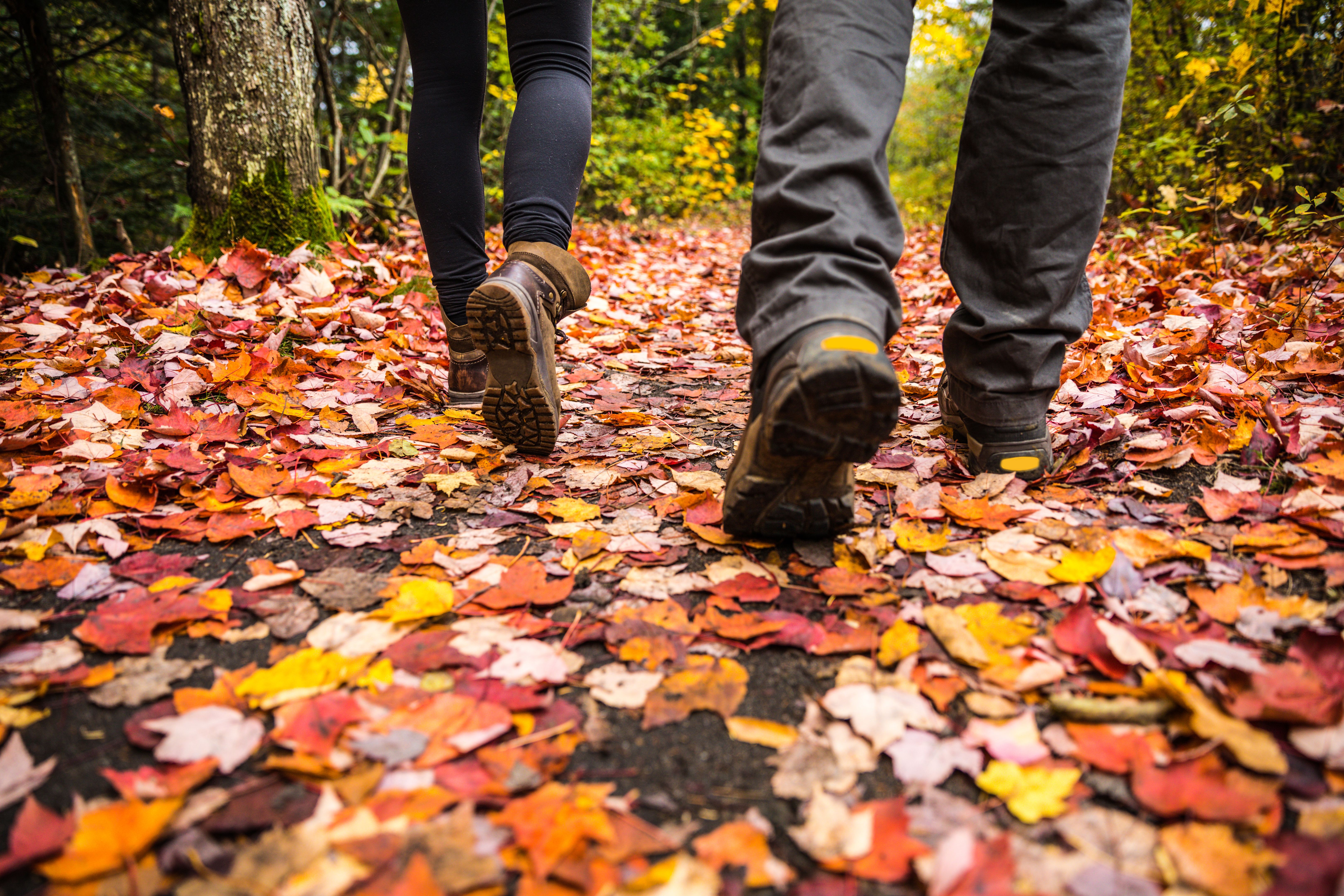 Young couple hiking in mountain on a footpath in Canada