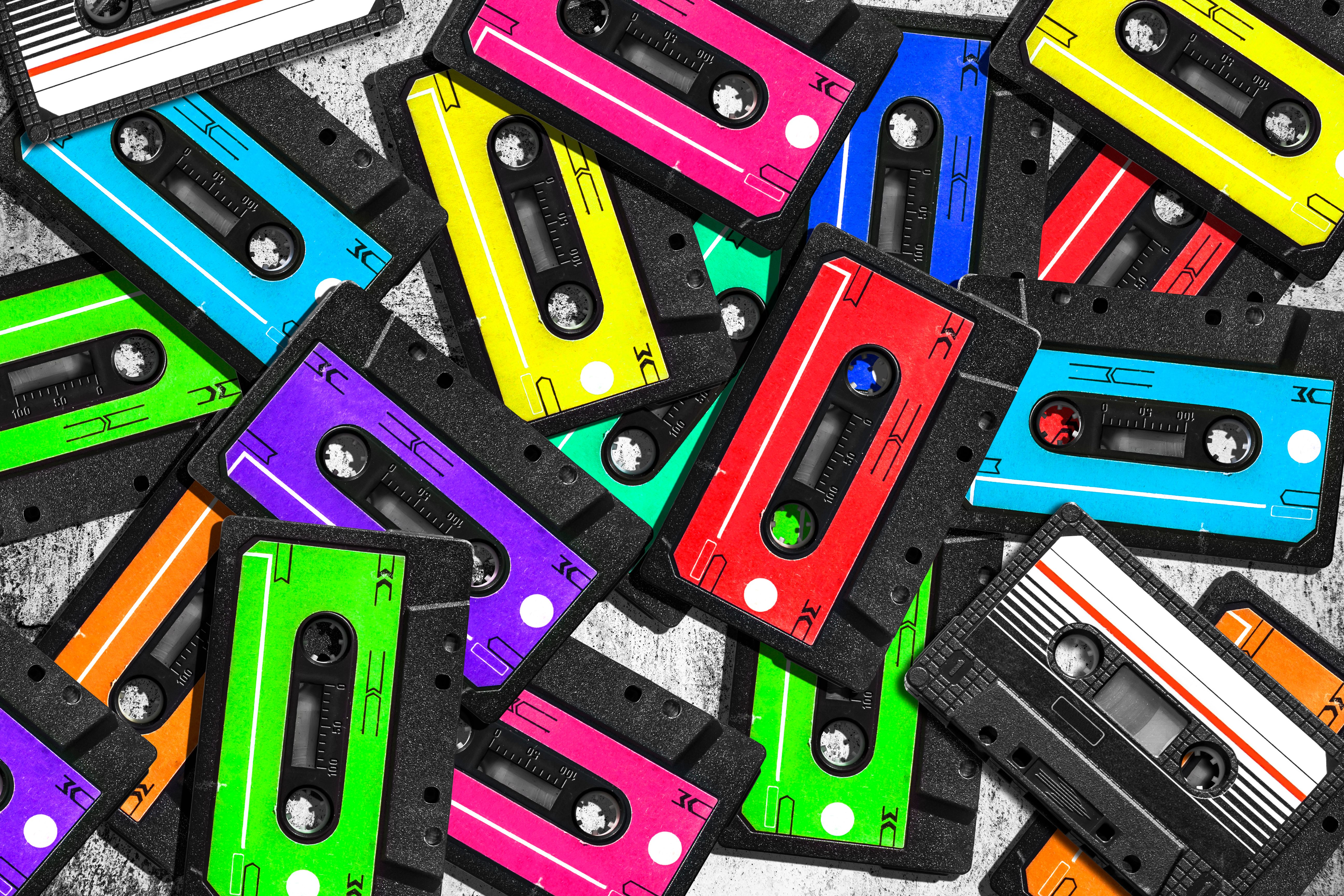 Old audio cassette. Multicolored audio tapes. Close-up view.