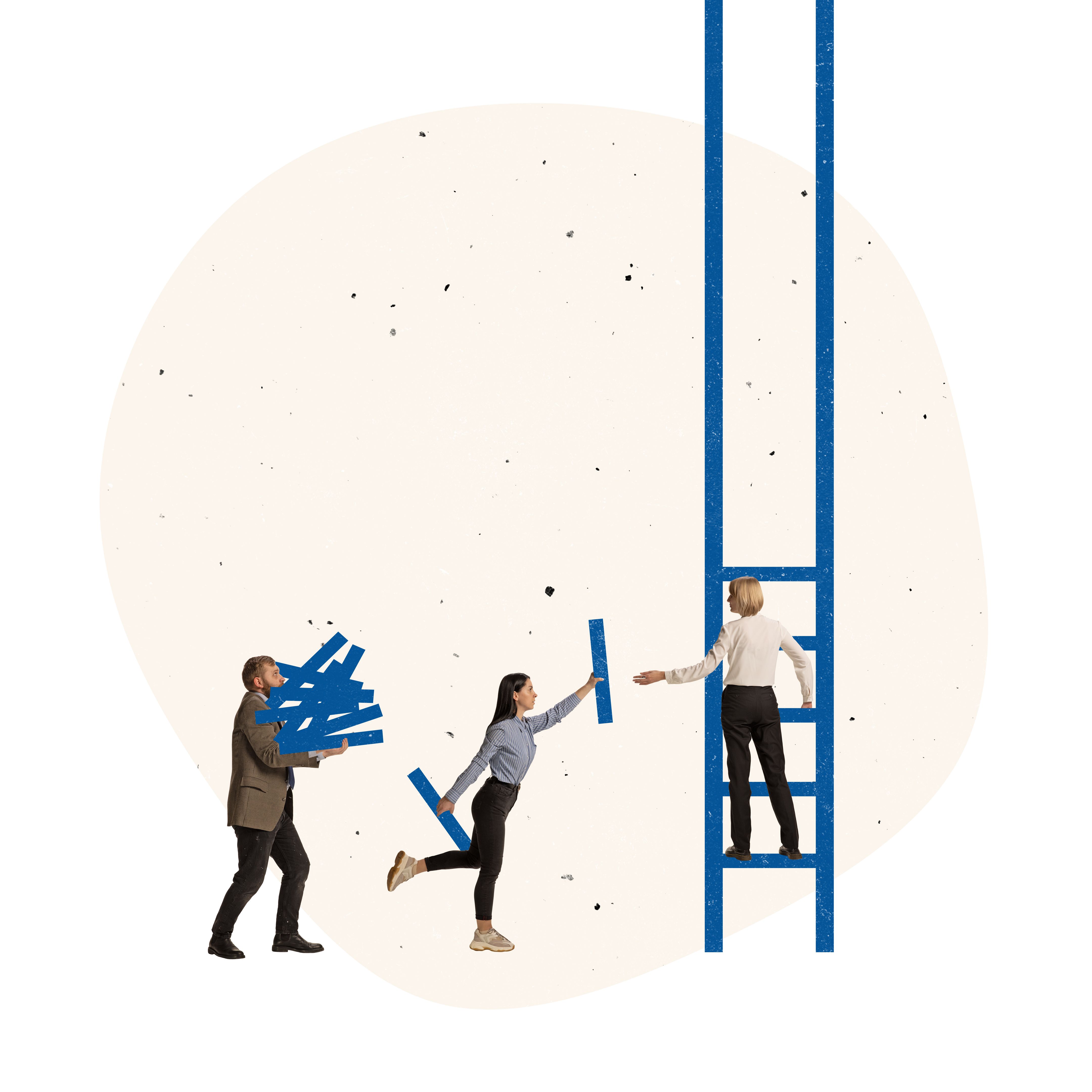 Contemporary art collage. Creative design. Team, employees building together ladder of success