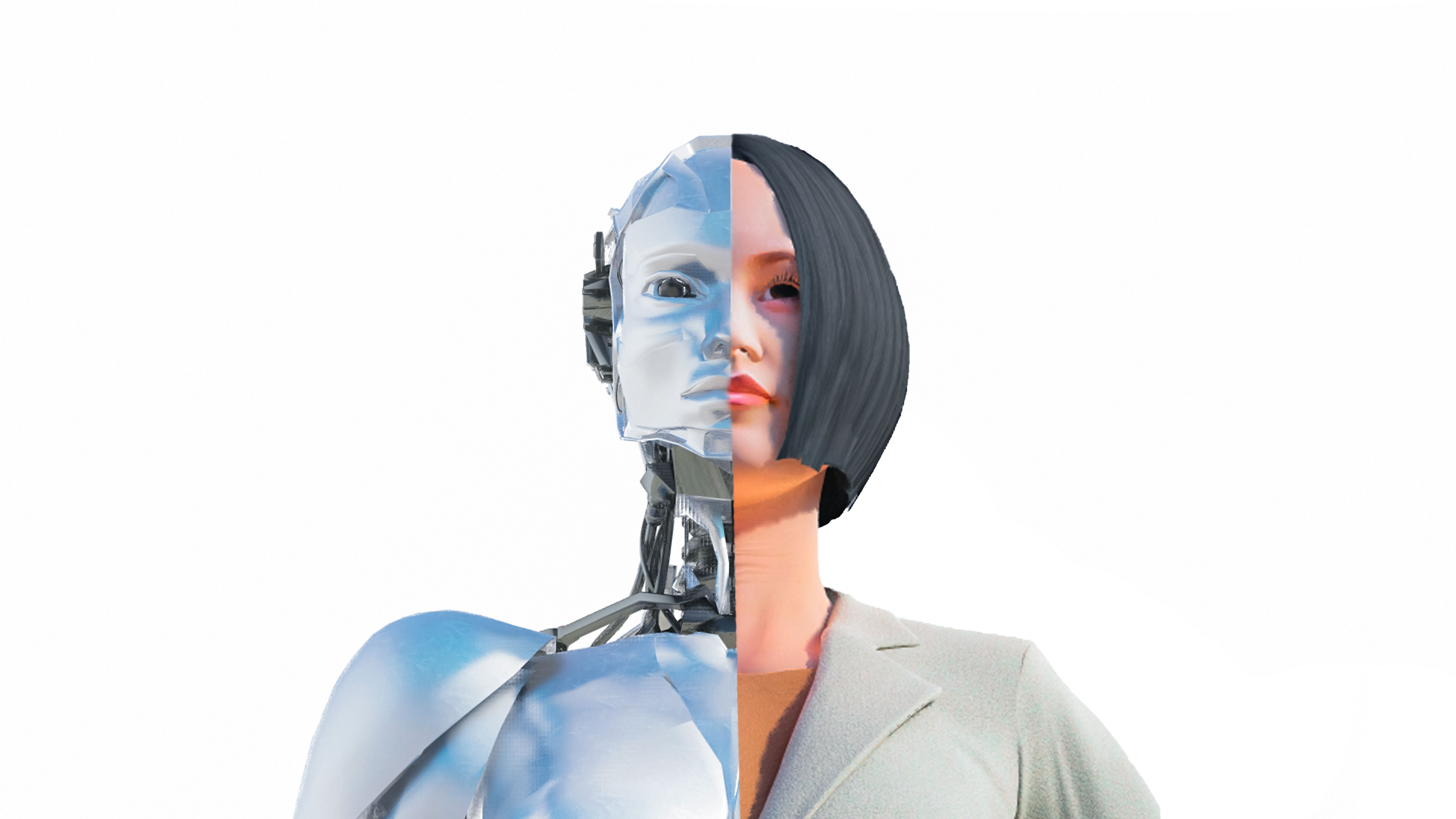 Woman AI cyborg on white background