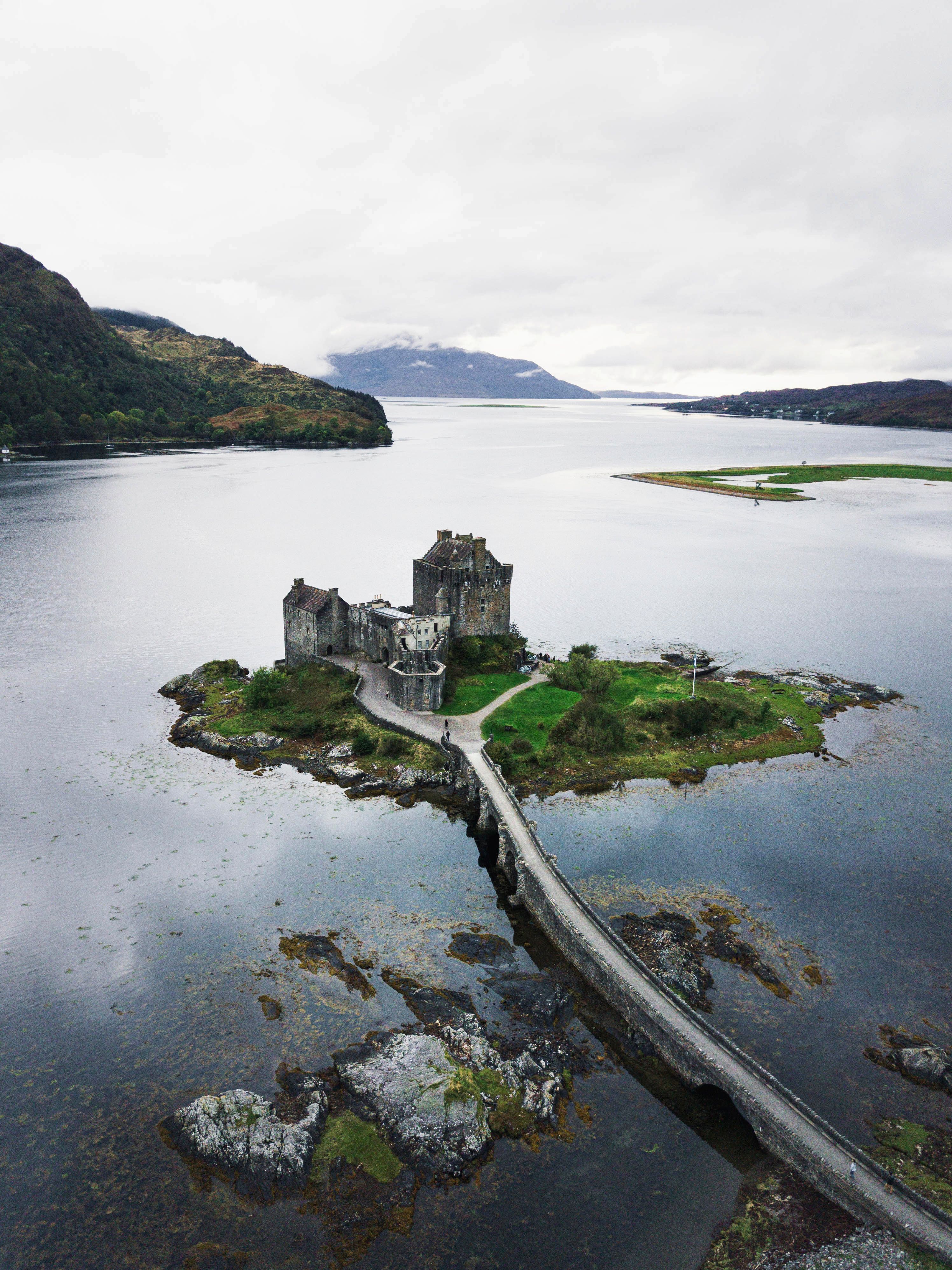 Drone shot of Eilean Donan Castle, Scotland