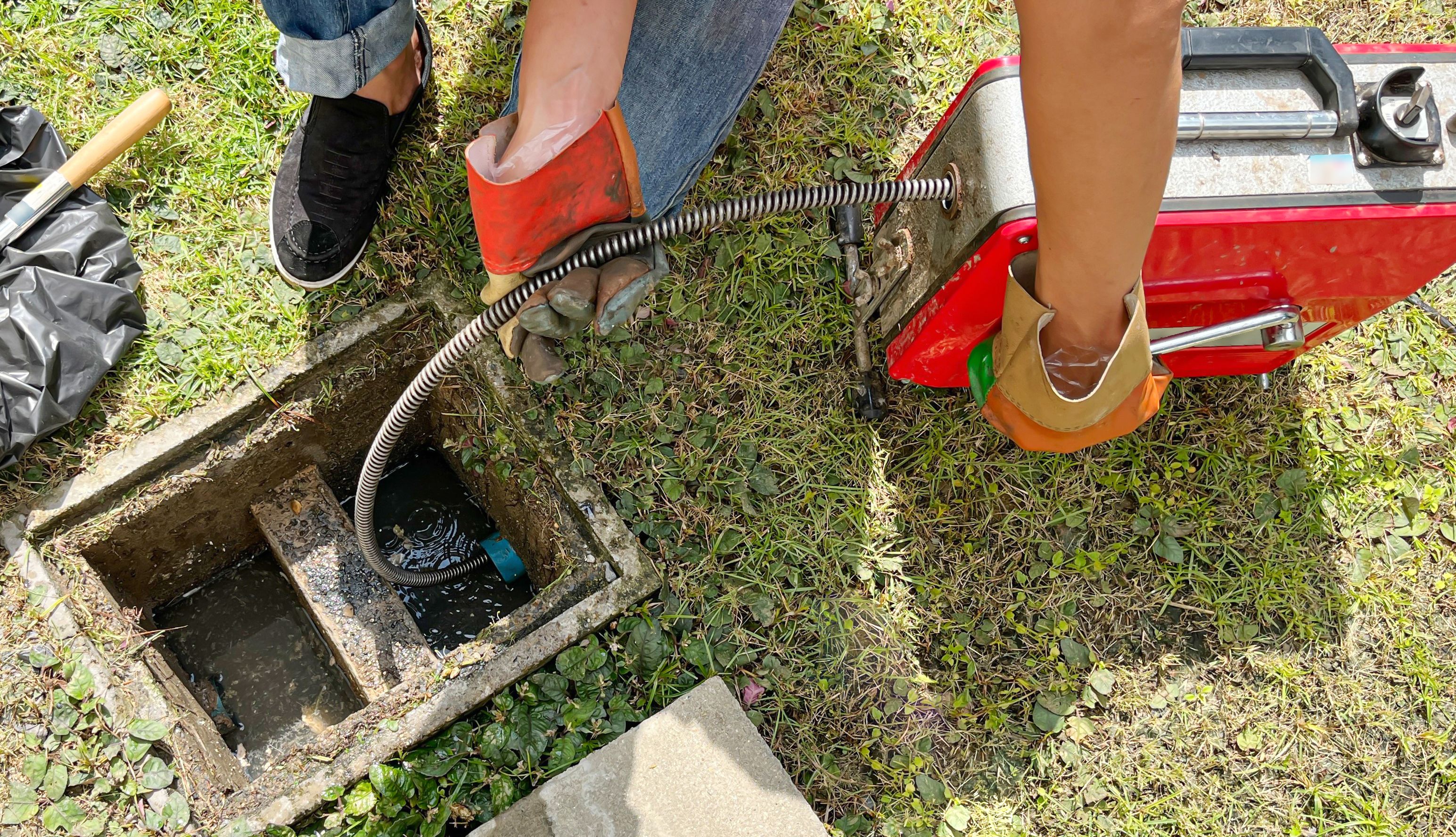 Clearing an outside drain blocked with fat.
