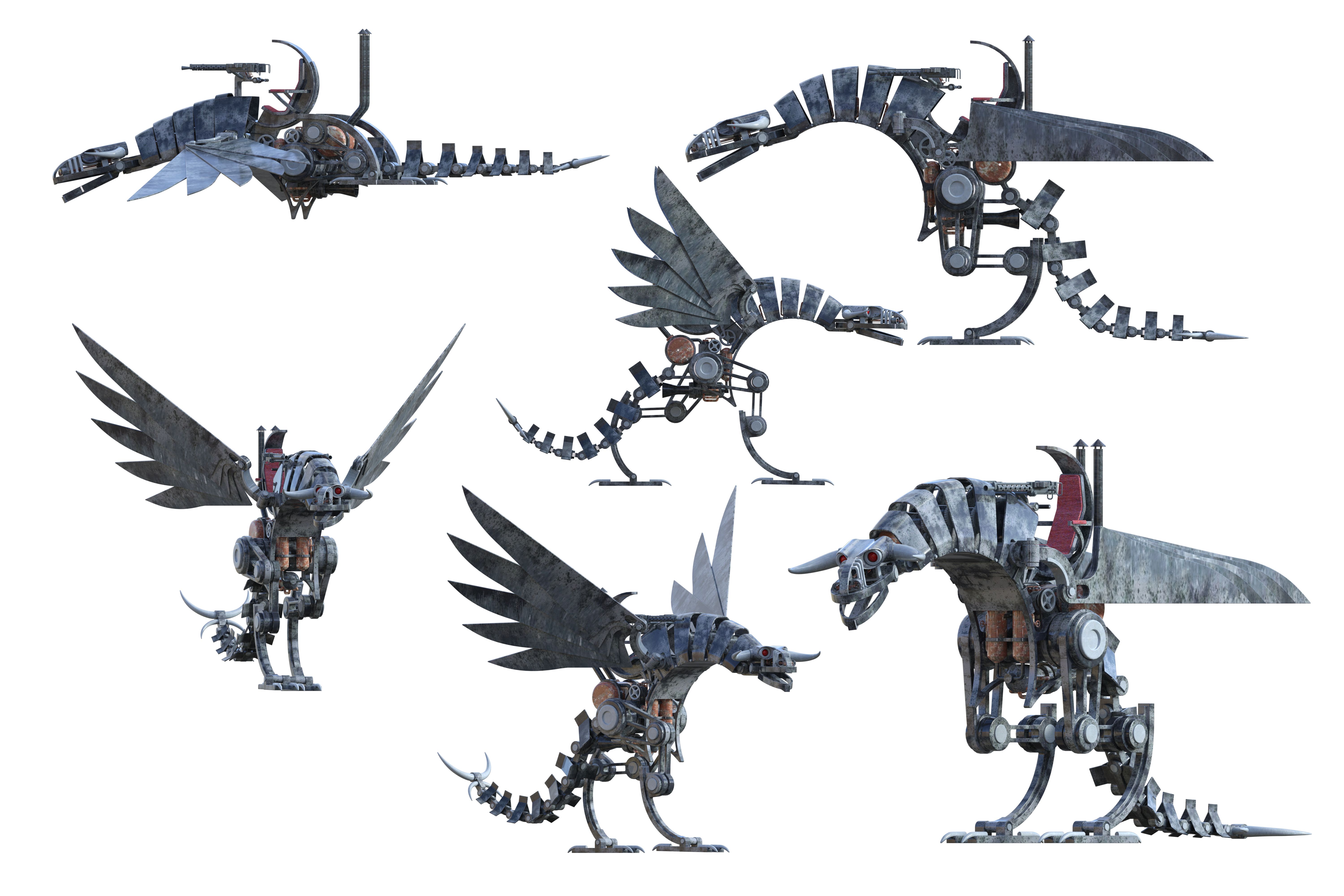 Set of steampunk dragons isolated on white, 3d render
