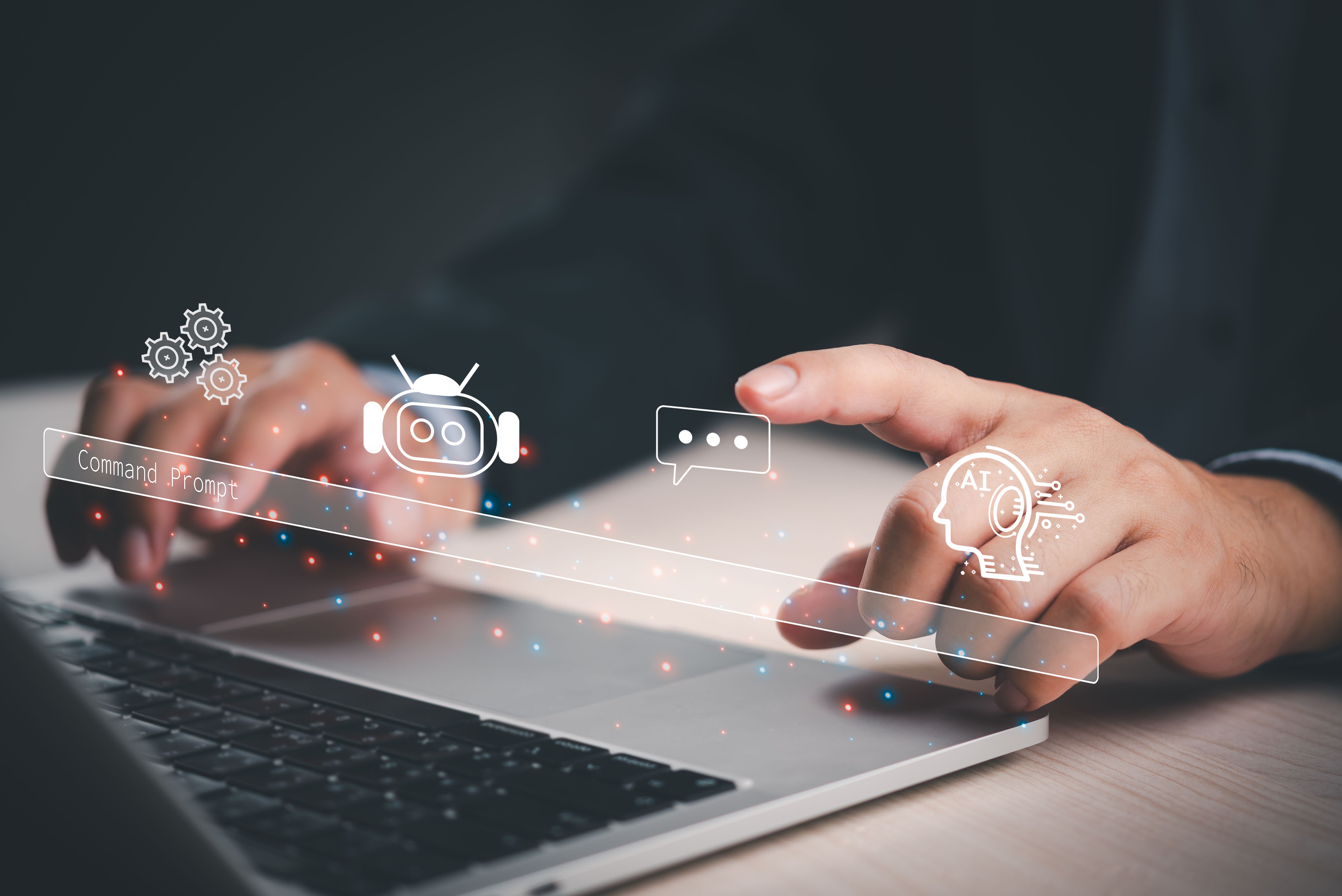 hands interface with virtual ai and chat icons. Chatbot conversation Artificial Intelligence technology online customer service.Digital chatbot Futuristic technology.Virtual assistant on internet.