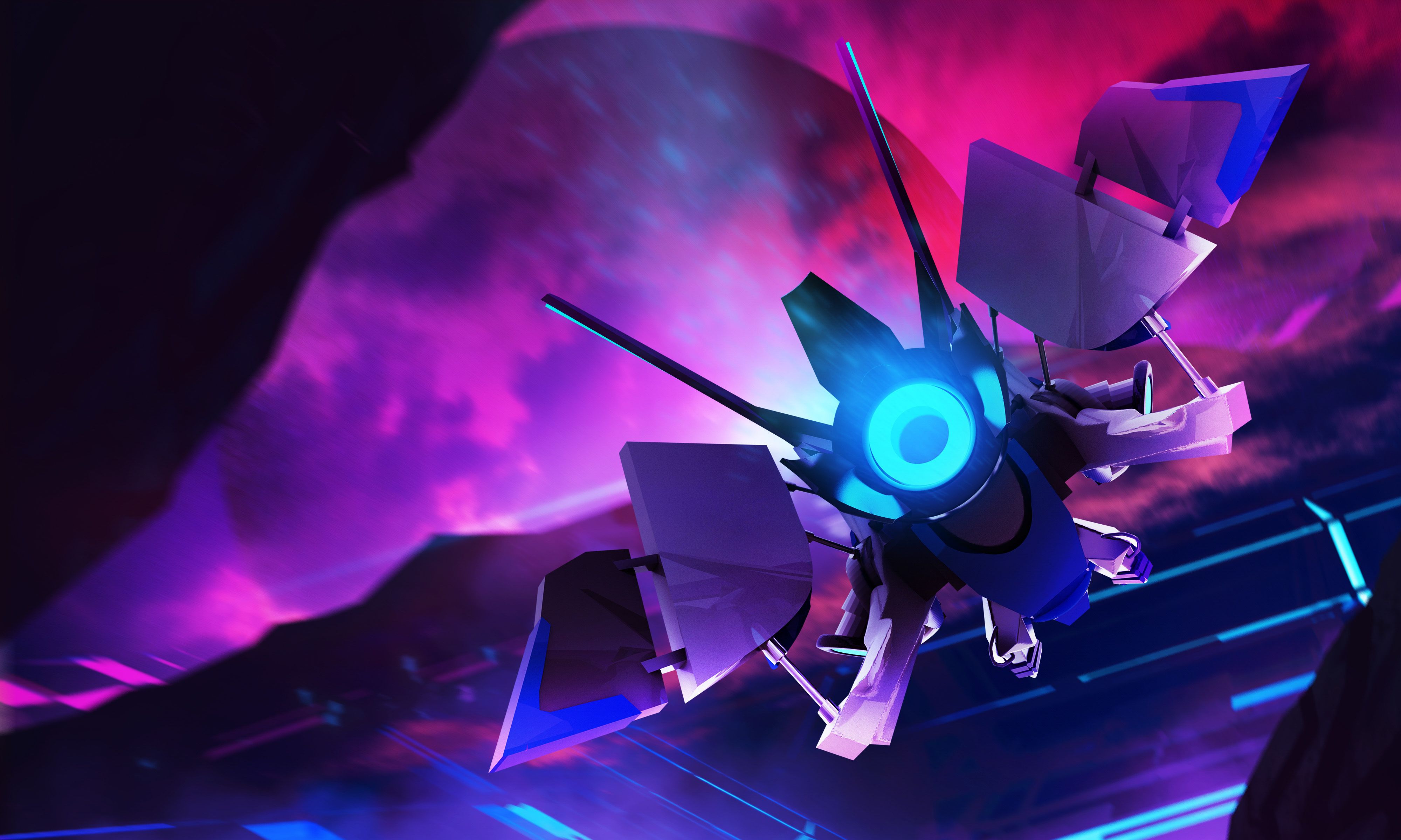 3d render image of a futuristic neon colored sci-fi spaceship.