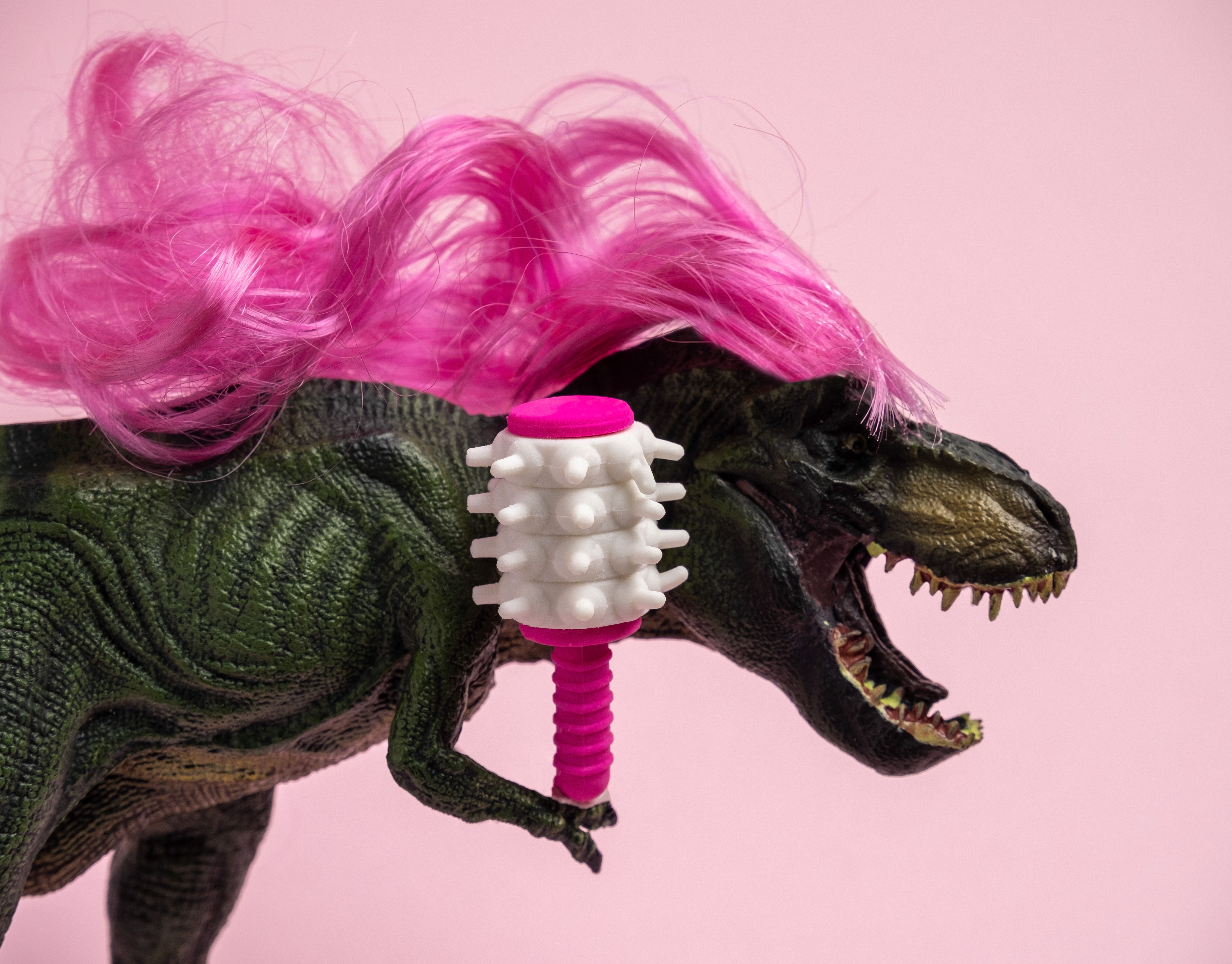 Dinosaur with long curly pink hair is holding  comb. Beauty salon. Humor concept about caring for curly hair.