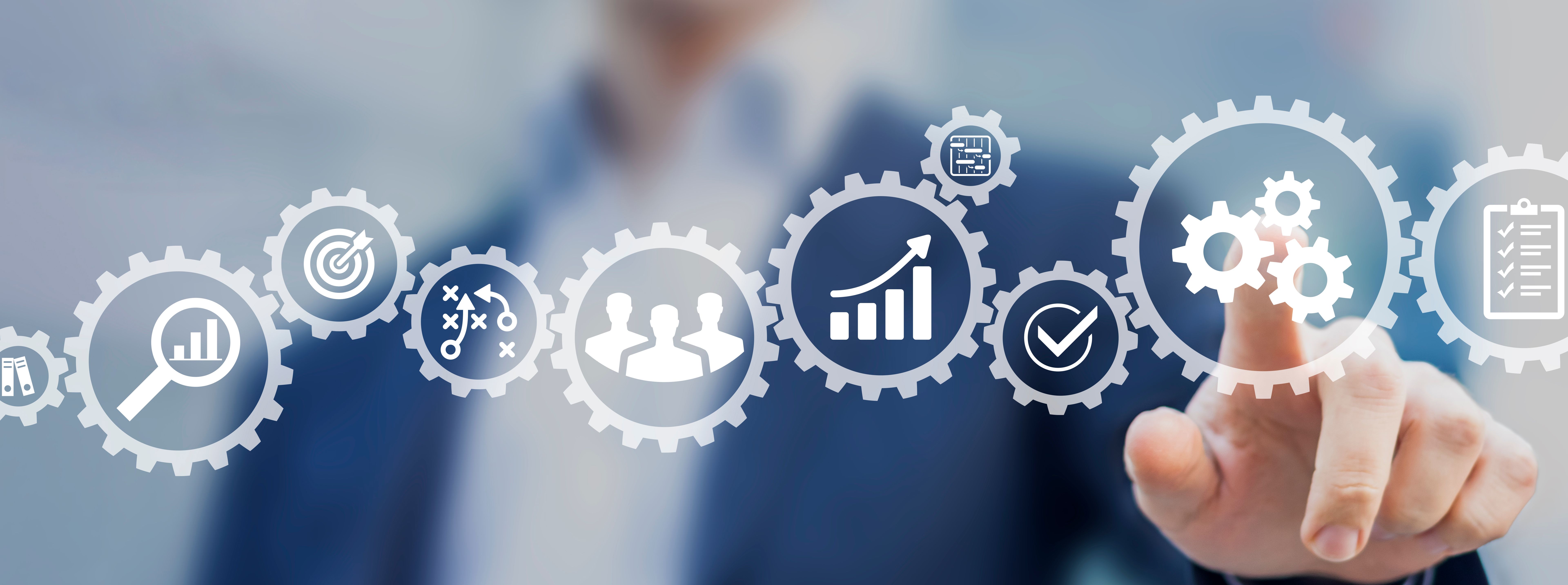 Operations management involving business process and workflow, problem solving, high perfomance, monitoring and evaluation, quality control. Concept with manager touching gears and icons.