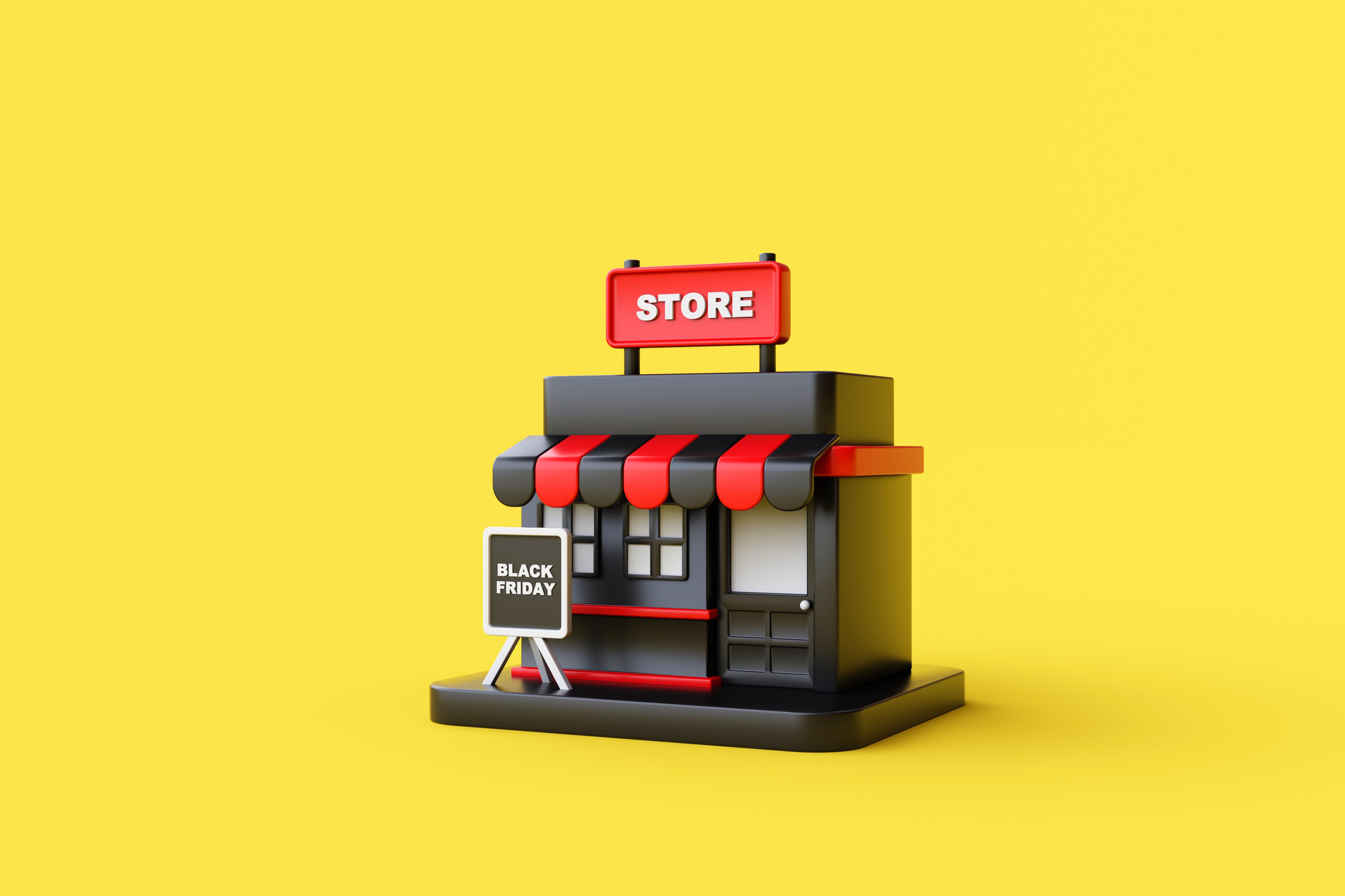 Concepto creativo de diseño de evento de venta de viernes negro, tienda negra sobre fondo amarillo. Concepto creativo de diseño de evento de venta de viernes negro, tienda negra sobre fondo amarillo.