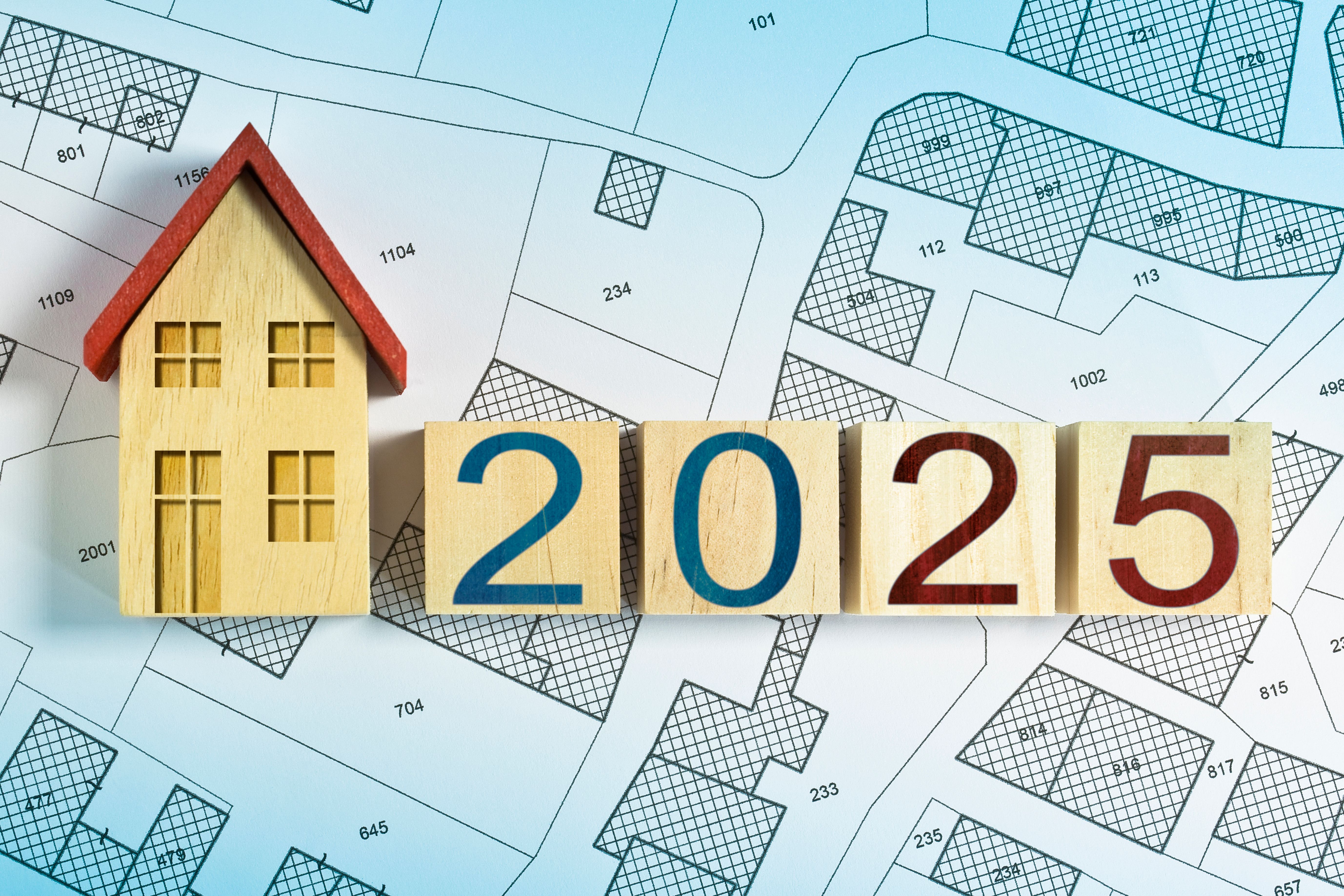 2025 BUILDING ACTIVITY AND CONSTRUCTION INDUSTRY HOUSING CONCEPT - 2025 Real Estate and Homeowner Association development concept with residential home model and cadastral map