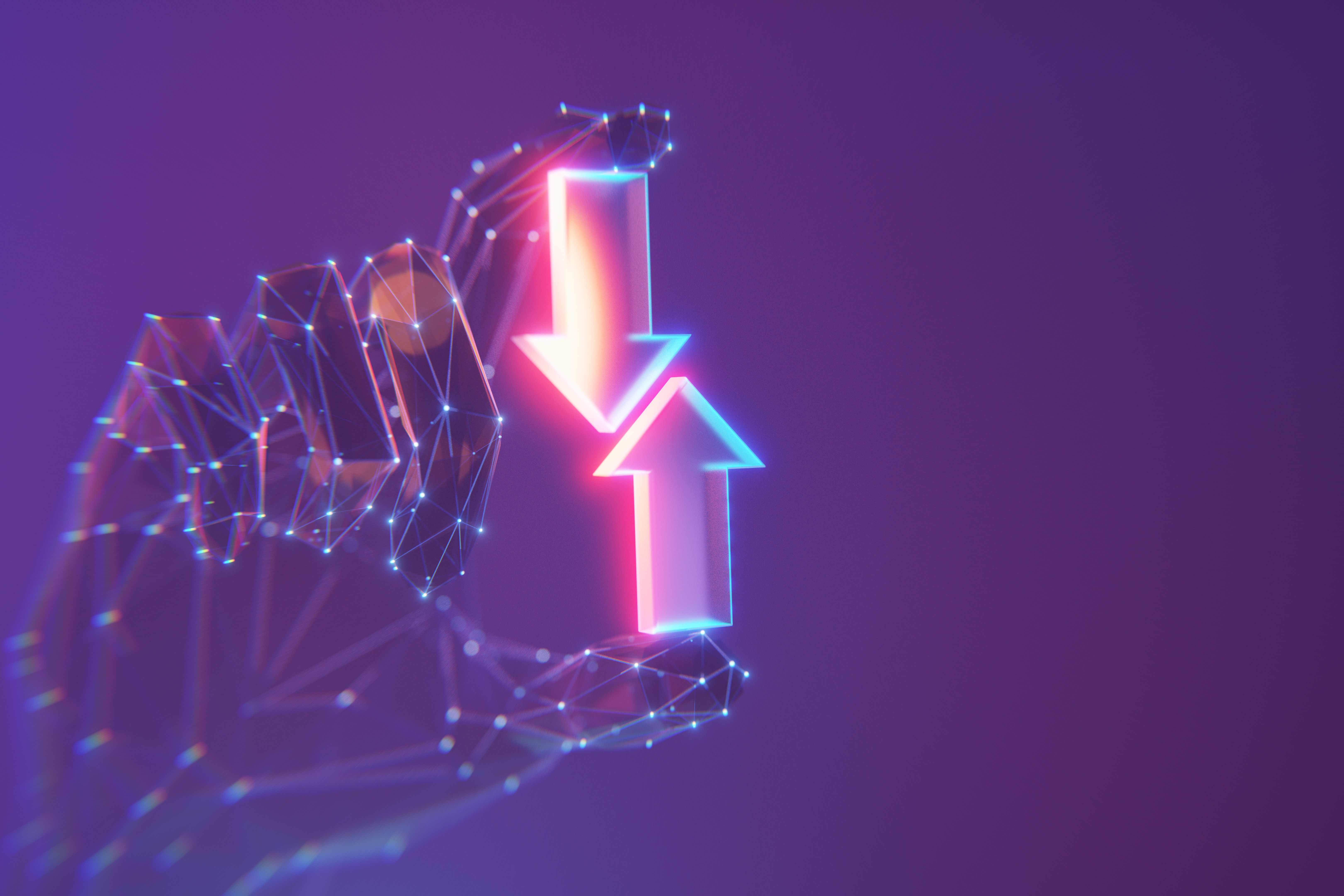 Concept of Ai technologies on Stock Market. 3D arrows symbol in the abstract human hand made with atom array and plexus effect