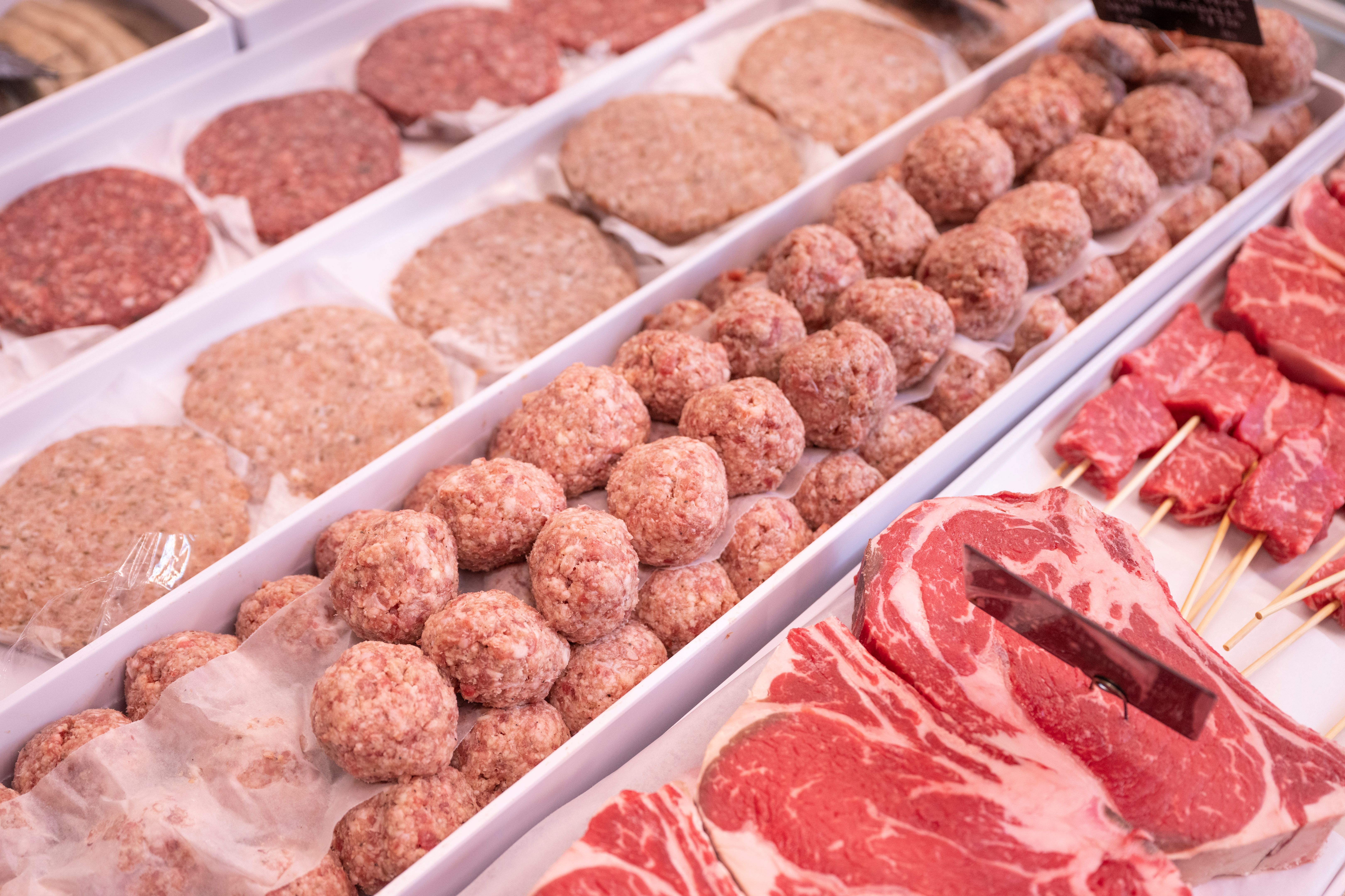 Butcher's display case with meat