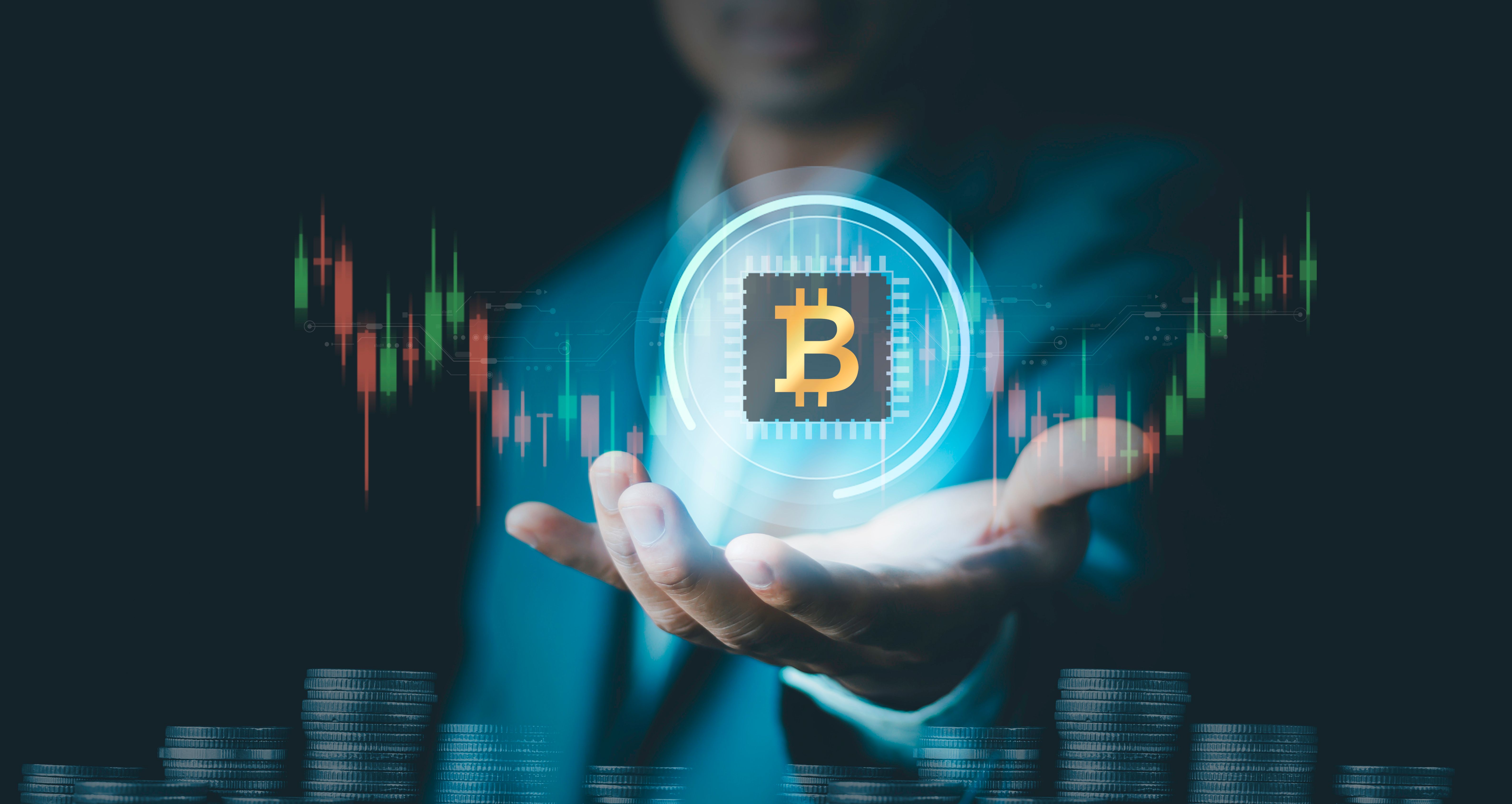 Bitcoin cryptocurrency concept and virtual financial chart diagram, Digital symbol of a new virtual currency