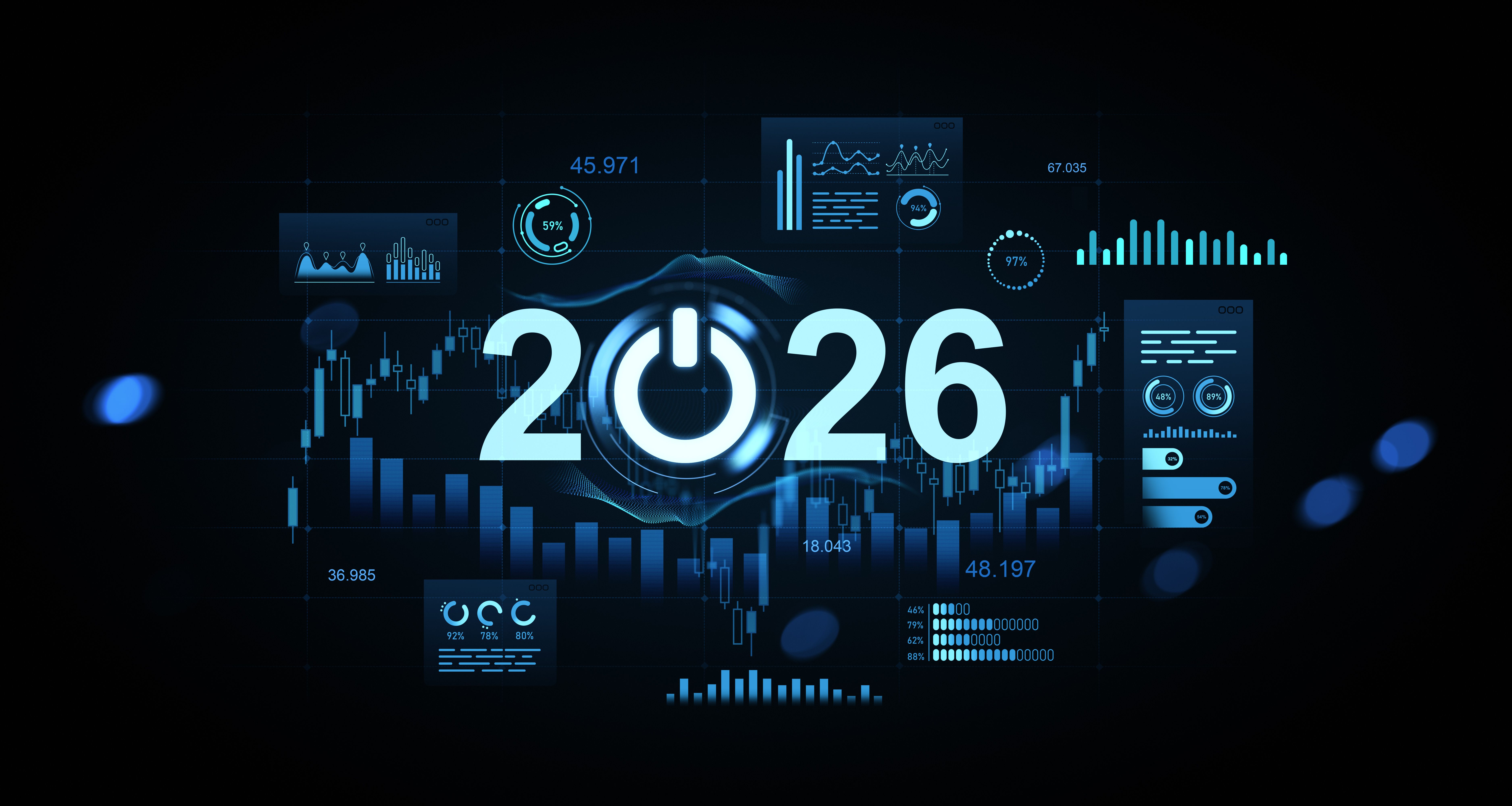 Futuristic digital concept design for 2026 with glowing data charts, technology graphics, and power symbol on dark background in blue tones. 3D Rendering Futuristic digital concept design for 2026 with glowing data charts, technology graphics, and power symbol on dark background in blue tones. 3D Rendering