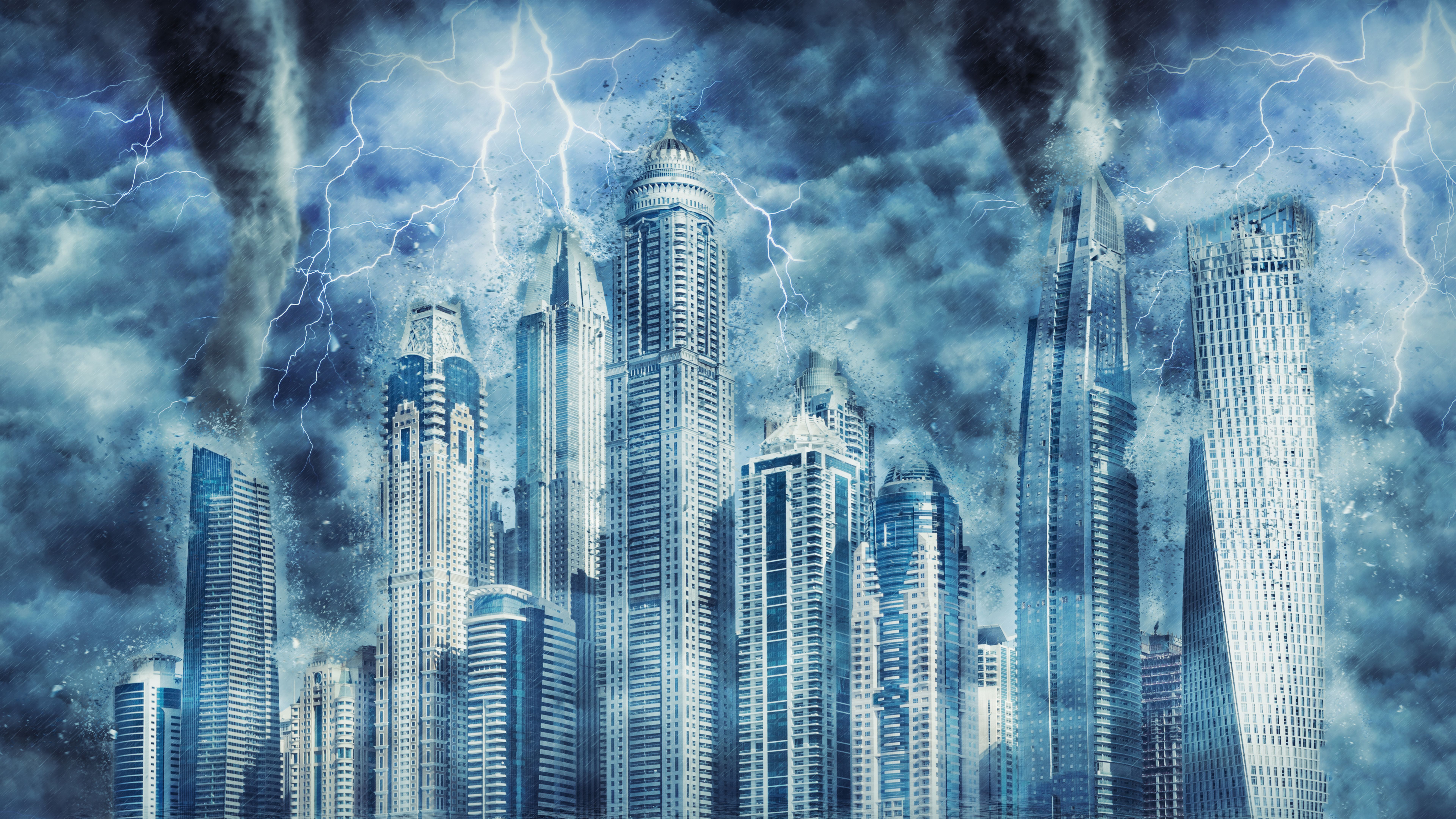 Dubai buildings during the heavy storm, rain and lighting in Dubai, creative picture.