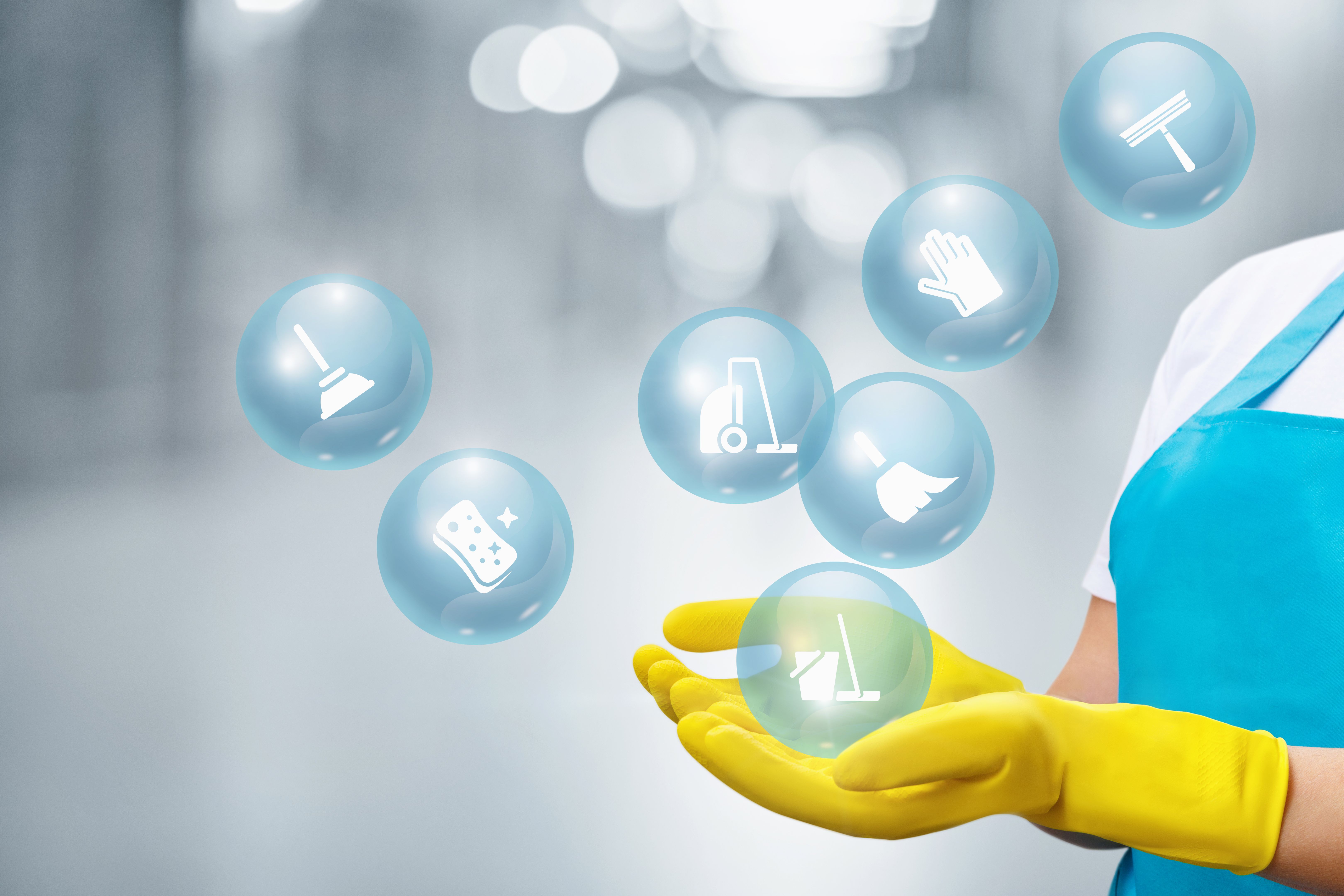 Cleaning lady shows service icons . Cleaning lady shows service icons .