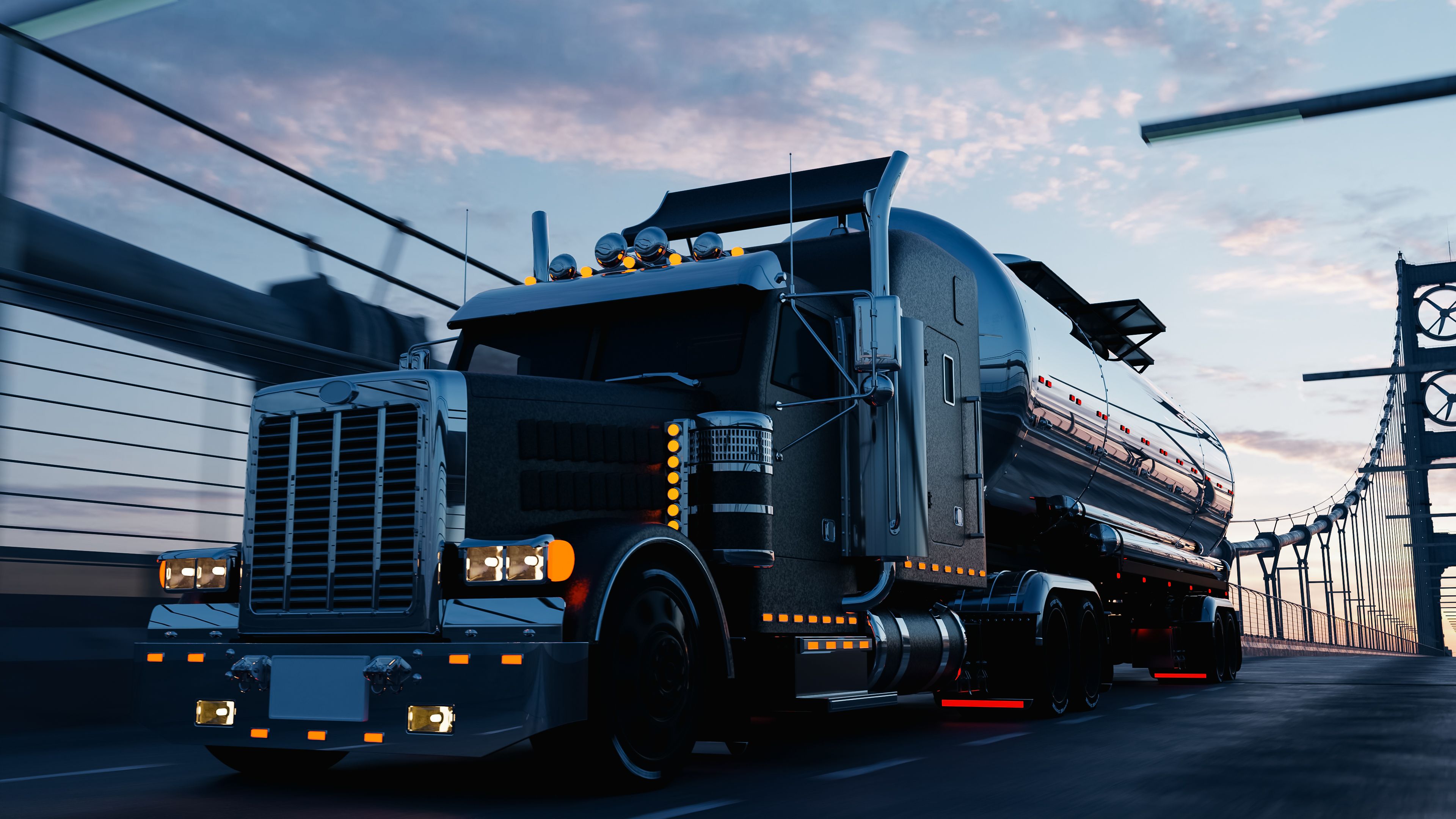 American style truck on freeway pulling load. Transportation theme. 3D illustration